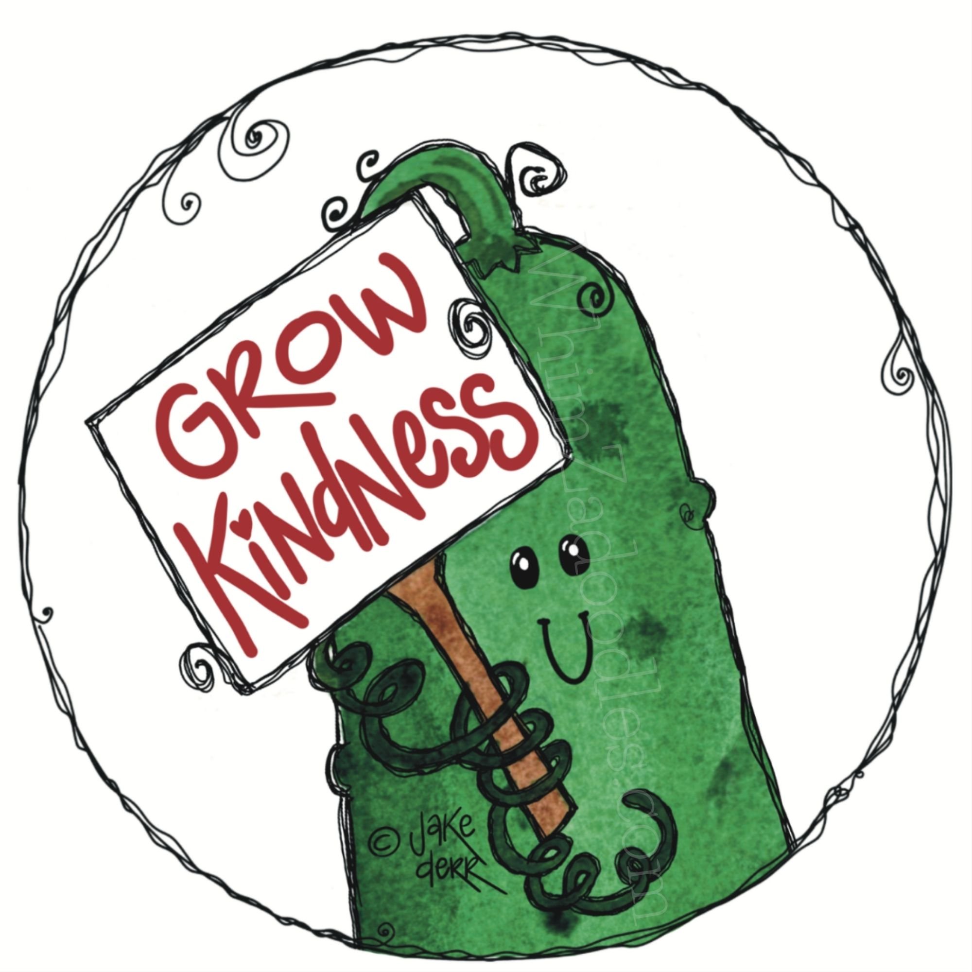 Watercolor drink coaster featuring Dilly the cucumber holding a Grow Kindness sign, designed to inspire encouragement and positive connection.