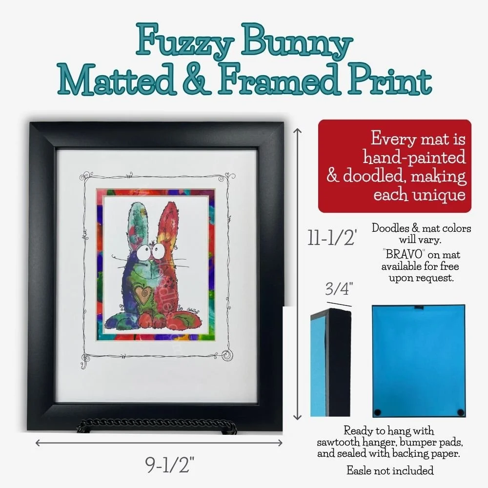 Fuzzy Bunny matted and framed watercolor art shown with dimensions.