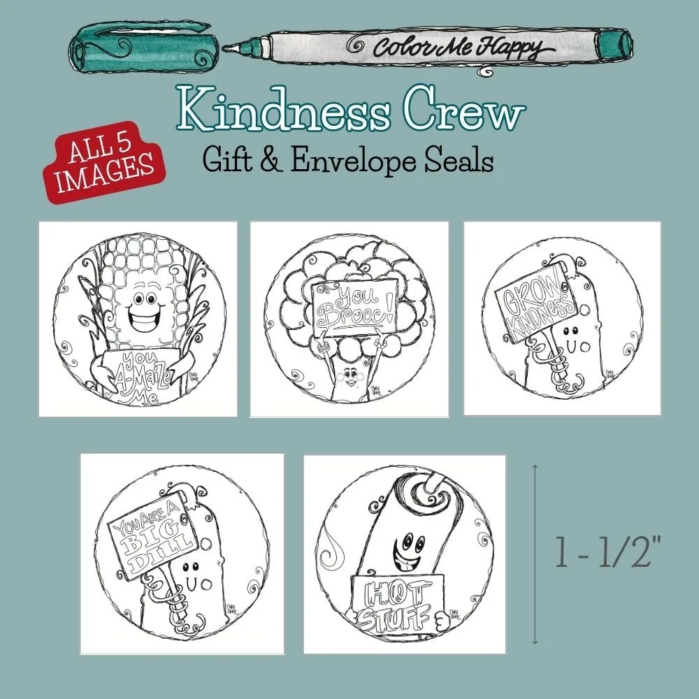 Collection of Kindness Crew envelope and gift seals featuring Dilly the cucumber, Broccolette the broccoli, Cob the corn, Pepper the chili pepper, and the full Kindness Crew watercolor design.
