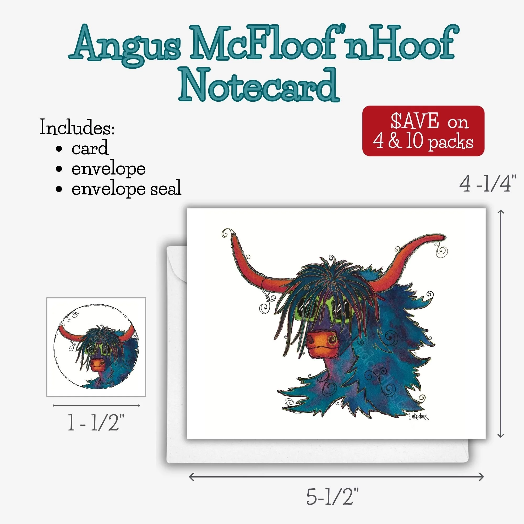 Whimsical Angus McFloof’nHoof Highland cow notecard with matching envelope seal featuring colorful watercolor artwork and lime green sunglasses.