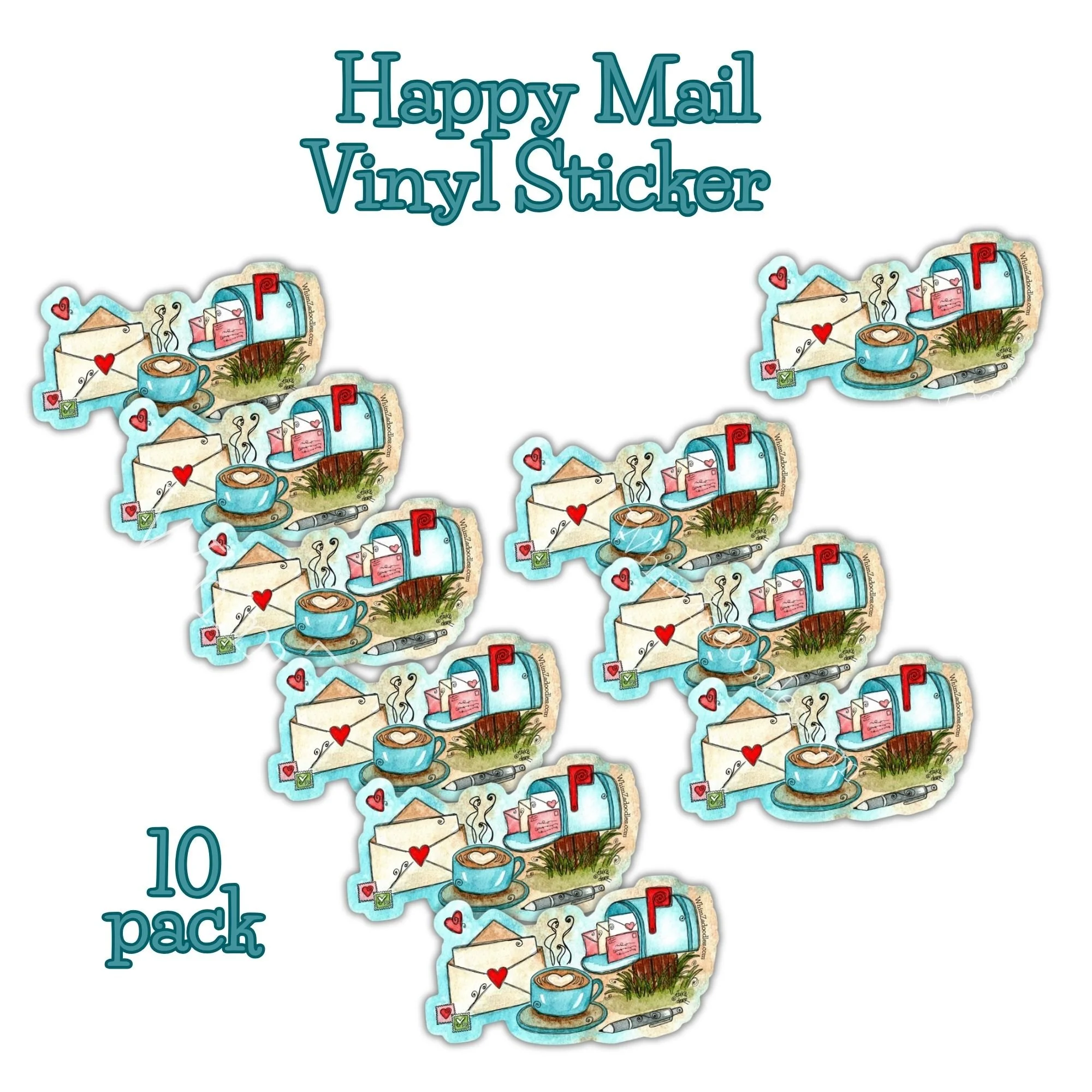 Ten Happy Mail stickers arranged in a spread, each displaying whimsical mail-themed artwork with vibrant tones