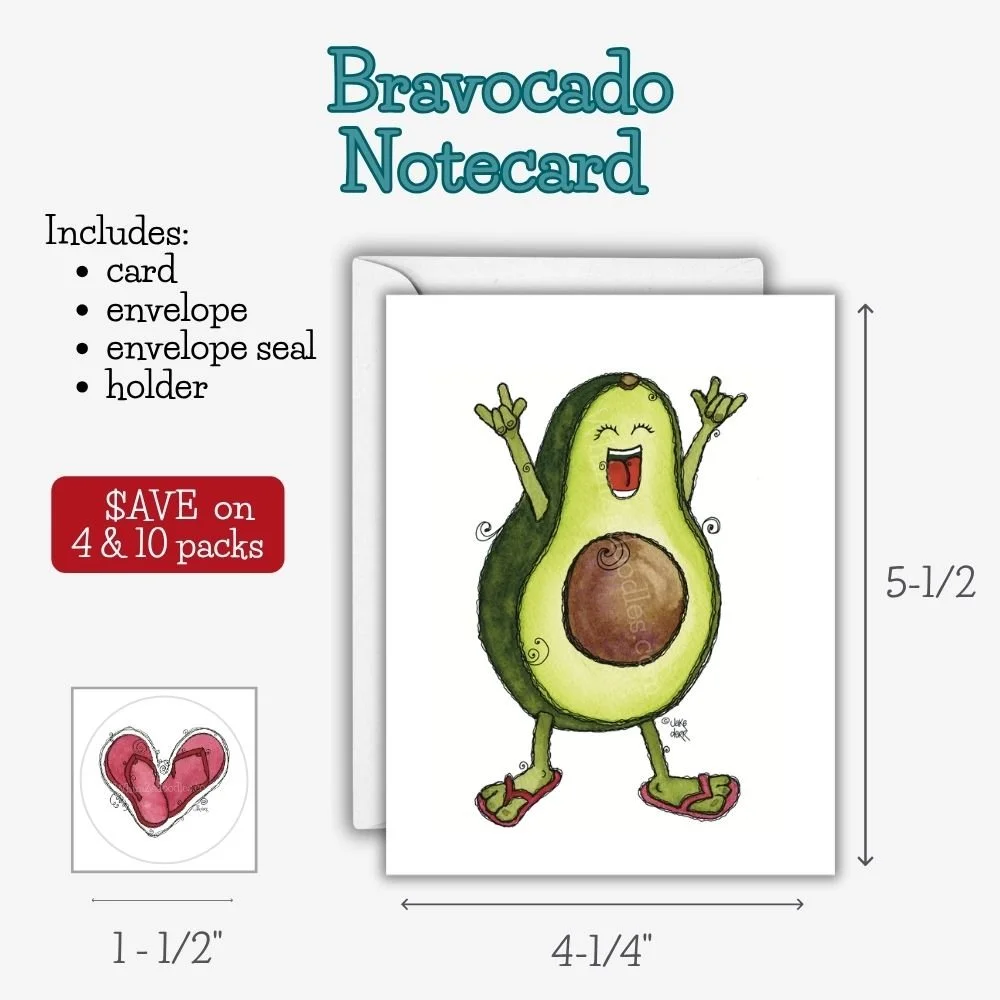Blank Bravocado watercolor avocado greeting card with playful doodle border, ideal for friendship, encouragement, thank you and just because happy mail.