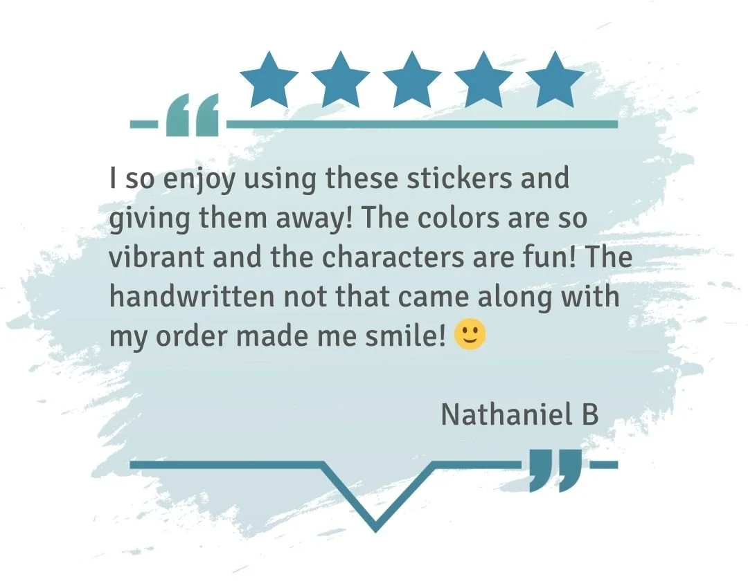 Five-star review describing vibrant stickers, playful characters, and a handwritten note included that made the customer smile