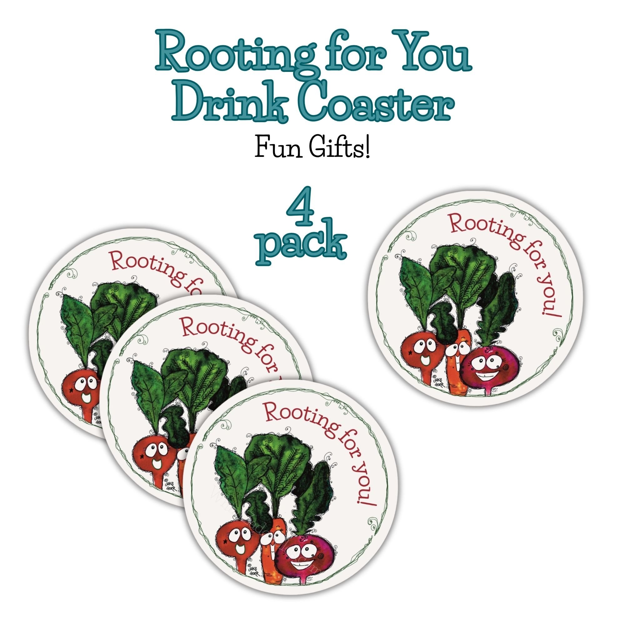 set of four vegetable rooting for you drink coasters arranged together as bundle