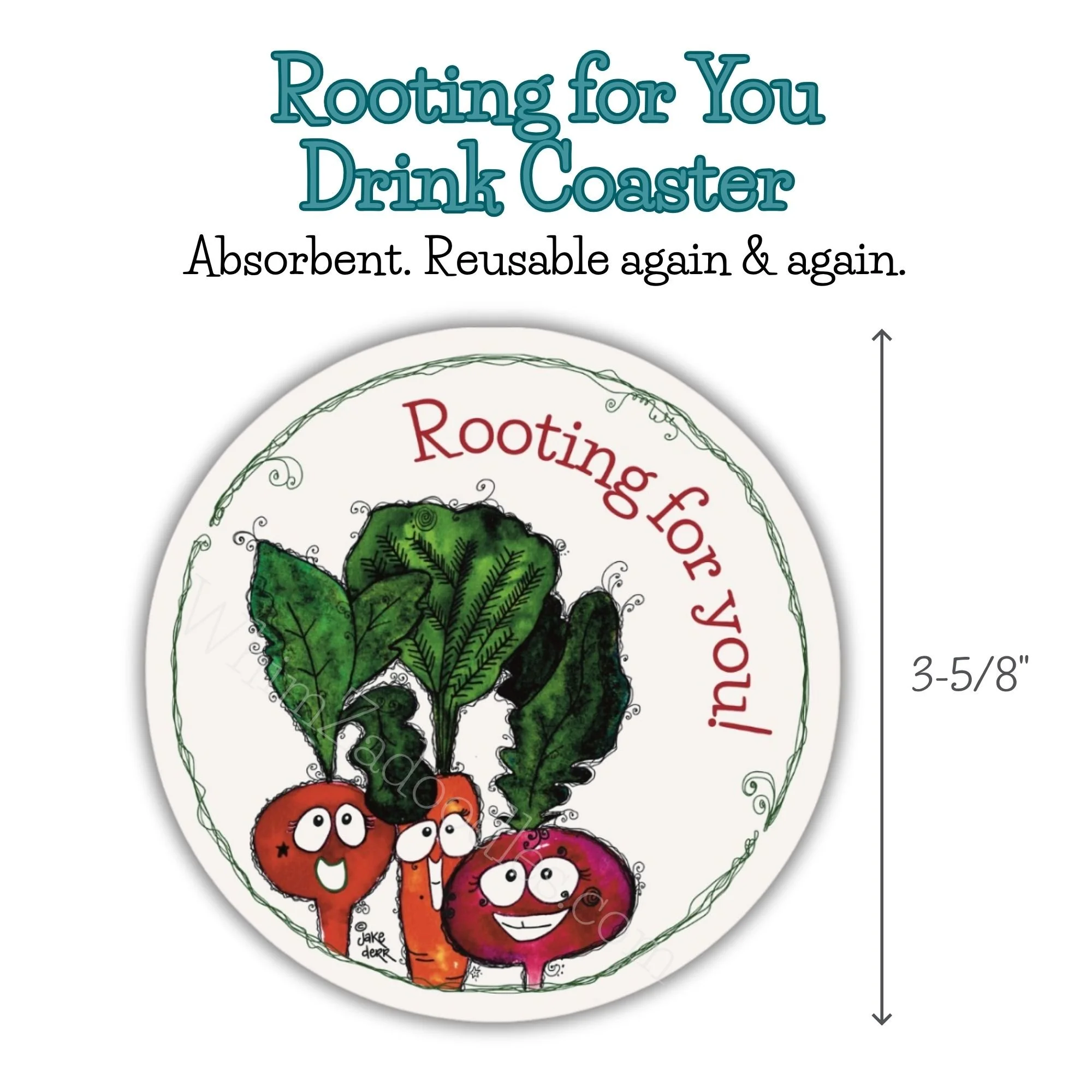 vegetable encouragement coaster displayed with measurement markings to show size and proportions
