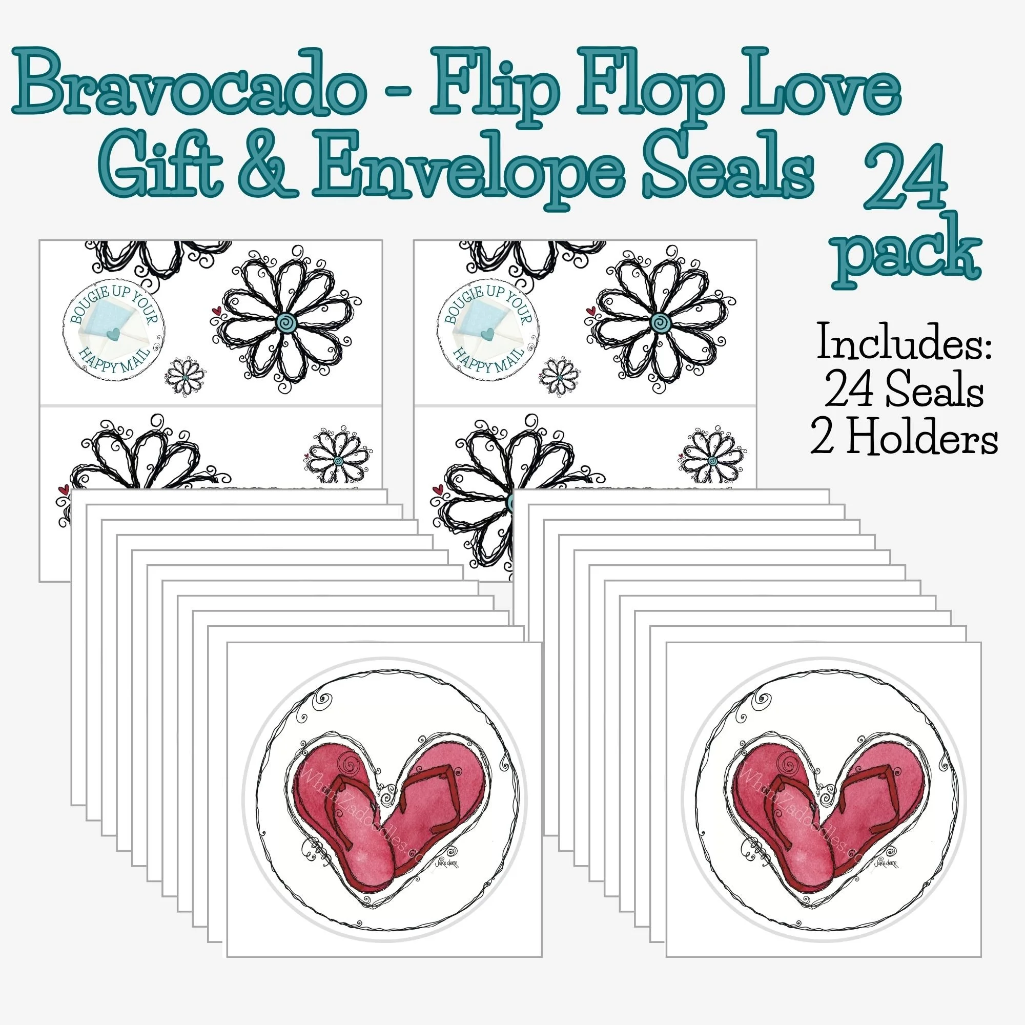 Twenty-four Flip Flop Love envelope seals arranged together, ideal for decorating mail, vacation notes, and gift wrapping