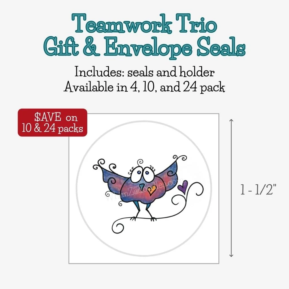 Round envelope and gift seal featuring the Teamwork Trio birds, adding a joyful finishing touch that celebrates encouragement and meaningful connection.