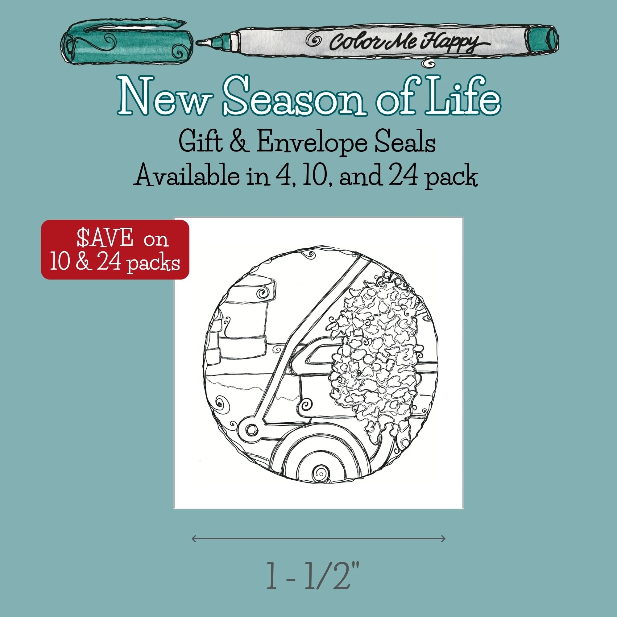 Colorable envelope and gift seal featuring a whimsical wagon garden design, allowing recipients to add their own creative touch to happy mail and gifts.