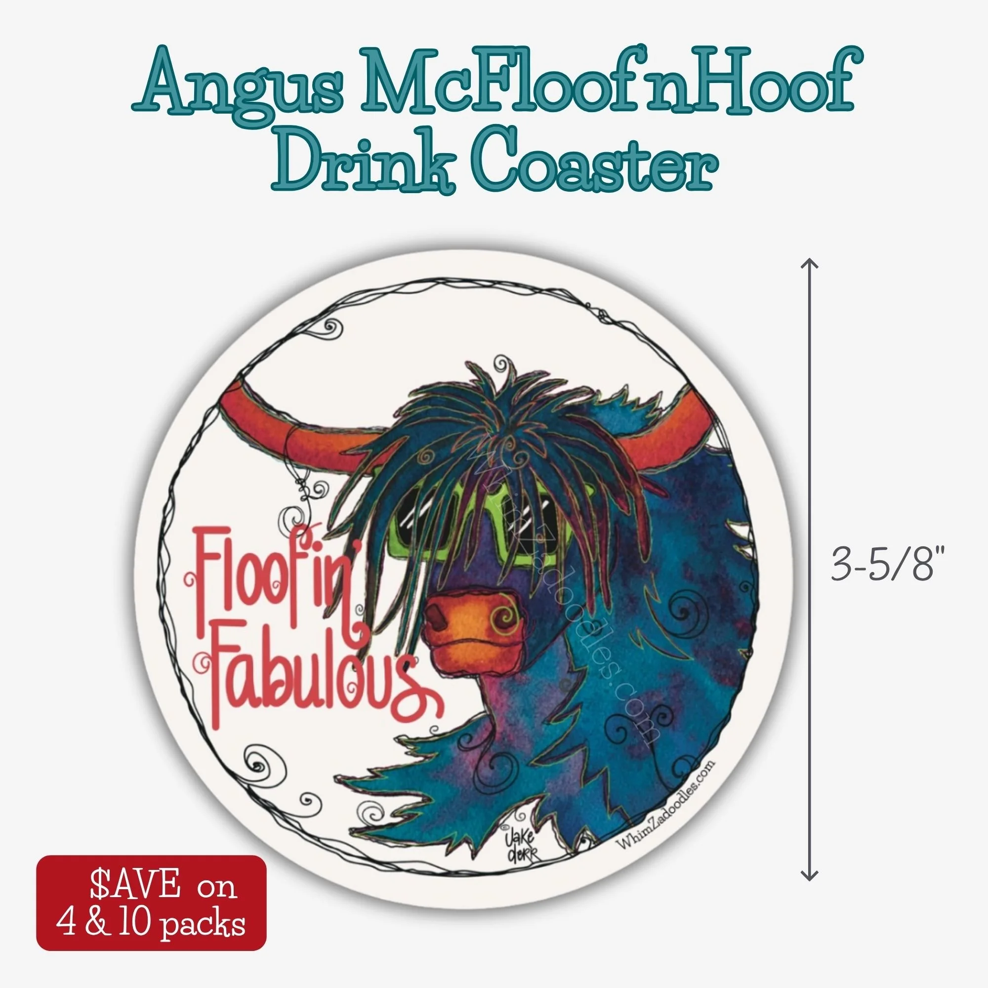 Floofin' Fabulous Highland cow drink coaster shown with sizing and product details featuring whimsical watercolor cow artwork.