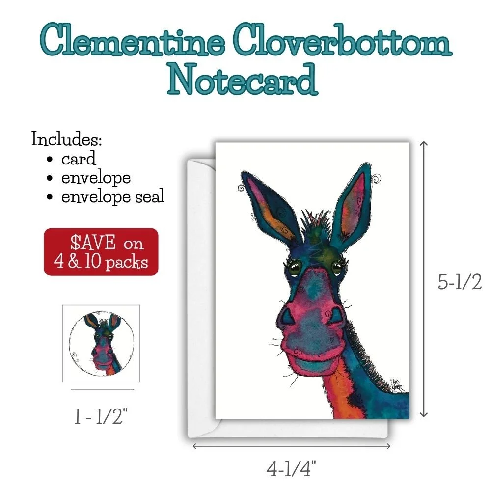 Whimsical donkey notecard featuring Clementine Cloverbottom watercolor artwork with colorful doodles, expressive kind eyes, and playful artistic details.