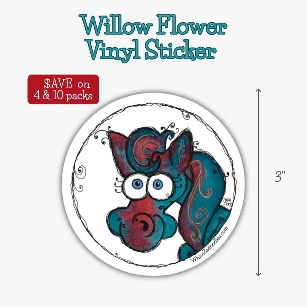 Round waterproof vinyl sticker featuring Willow Flower's whimsical teal horse head with expressive eyes, flowing mane, and playful watercolor details.