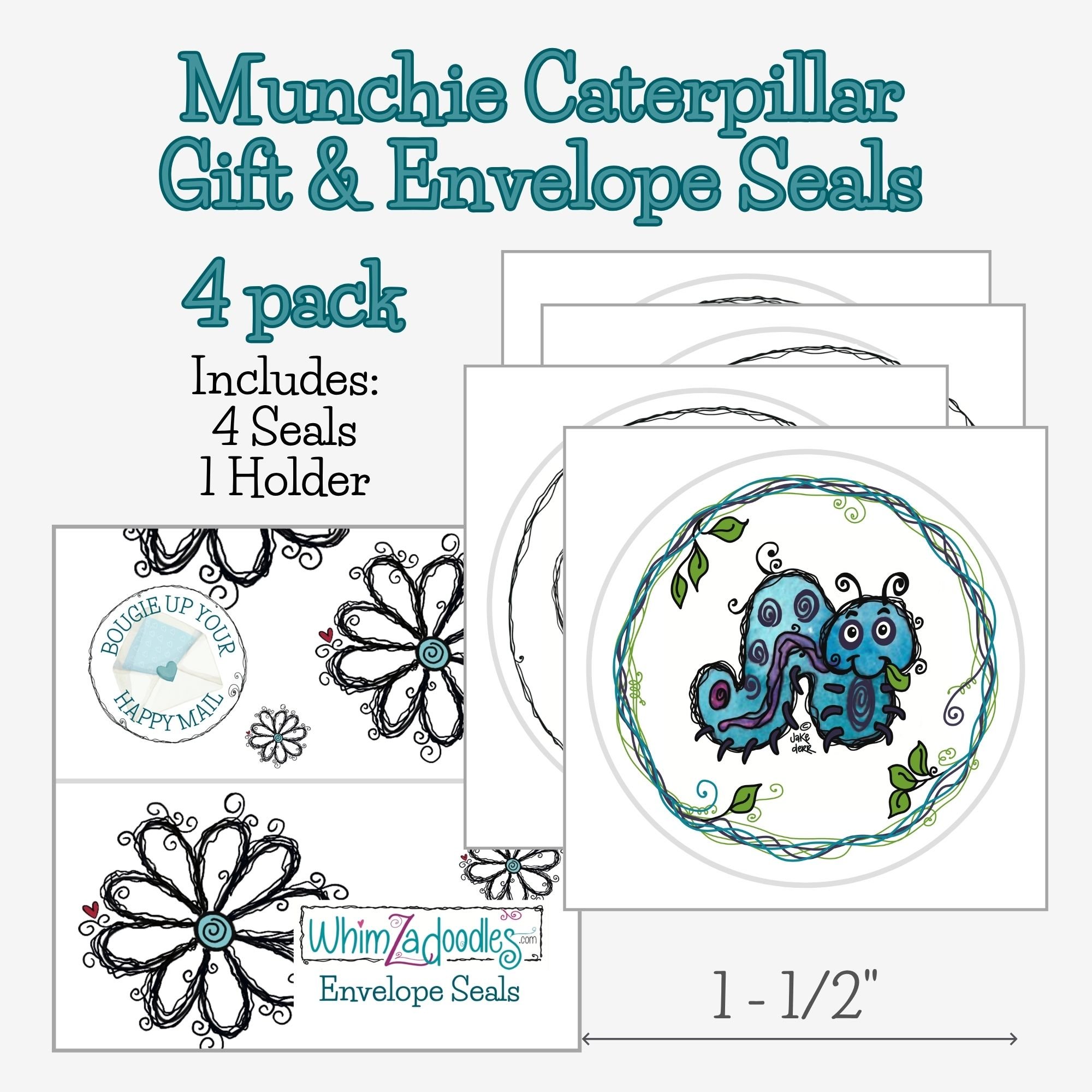 Four Munchie caterpillar envelope seals with size reference, featuring cute leaf-eating caterpillar and garden-inspired vine border for mail and gifts