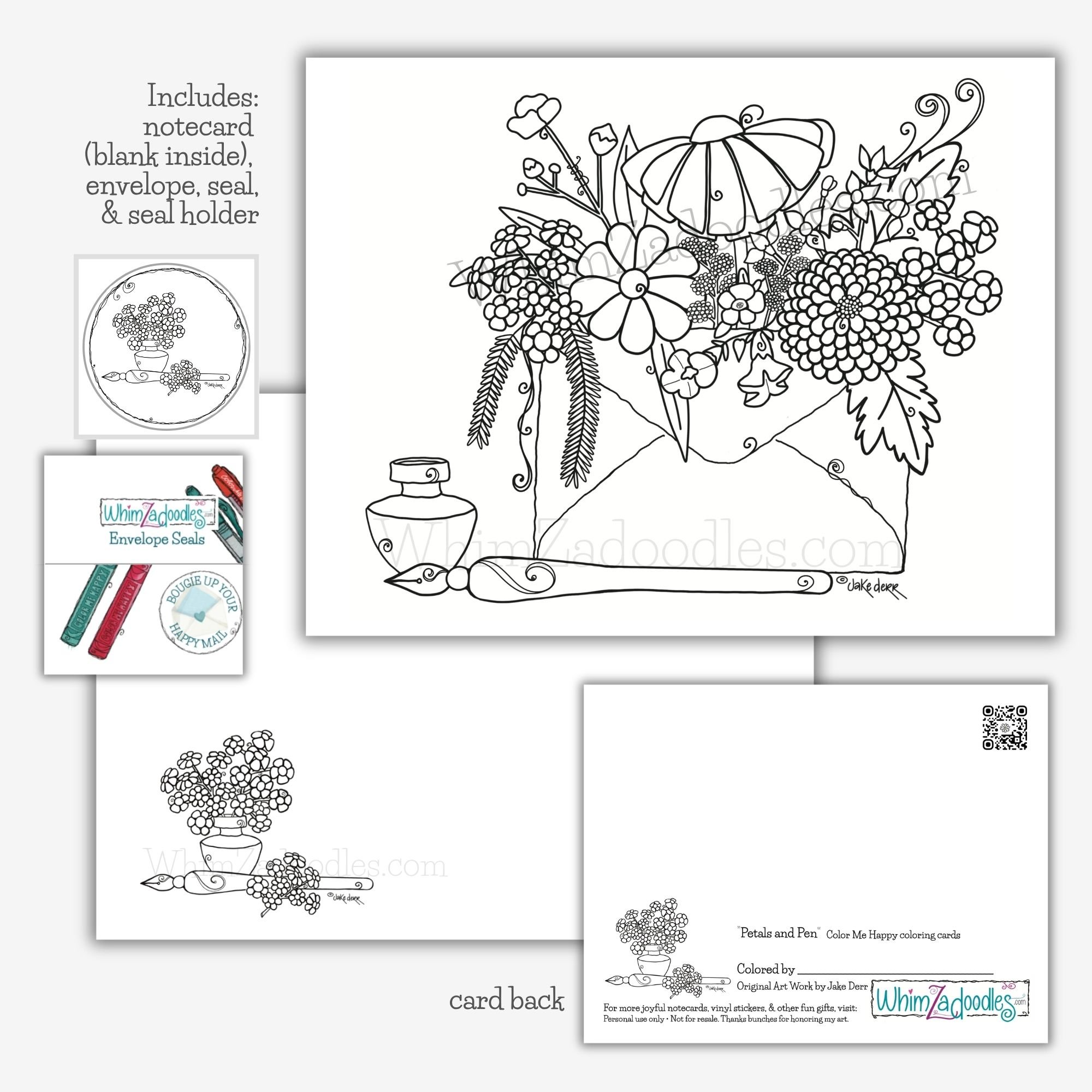 coordinated set of floral coloring cards, envelopes, and seals displayed together