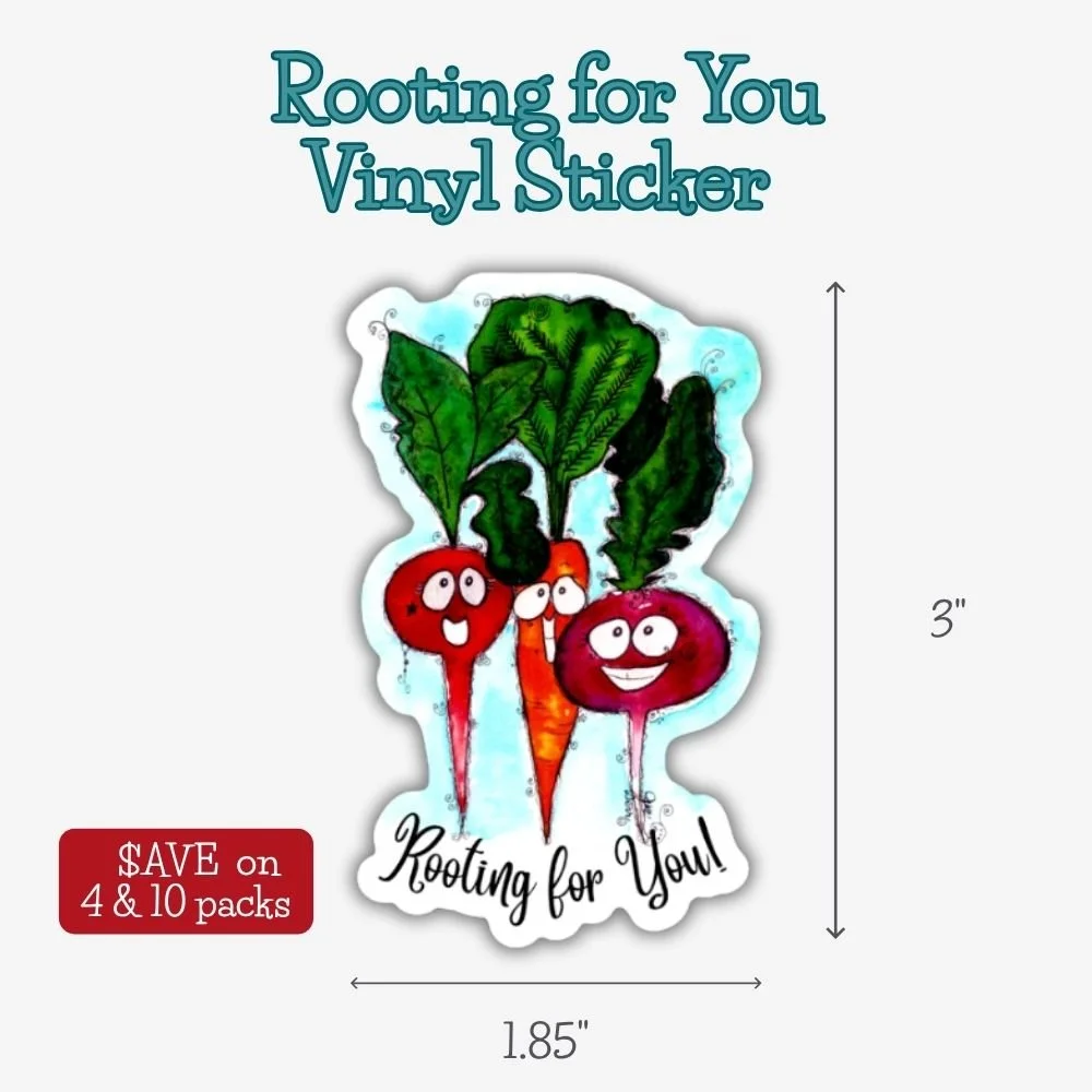 Durable waterproof vinyl sticker featuring cheerful watercolor vegetables and the message "Rooting for You" as a daily reminder someone believes in you.