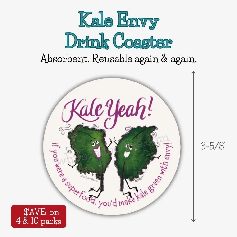 Absorbent drink coaster featuring the quote "If you were a superfood, you'd make kale green with envy" with cheerful watercolor kale art.