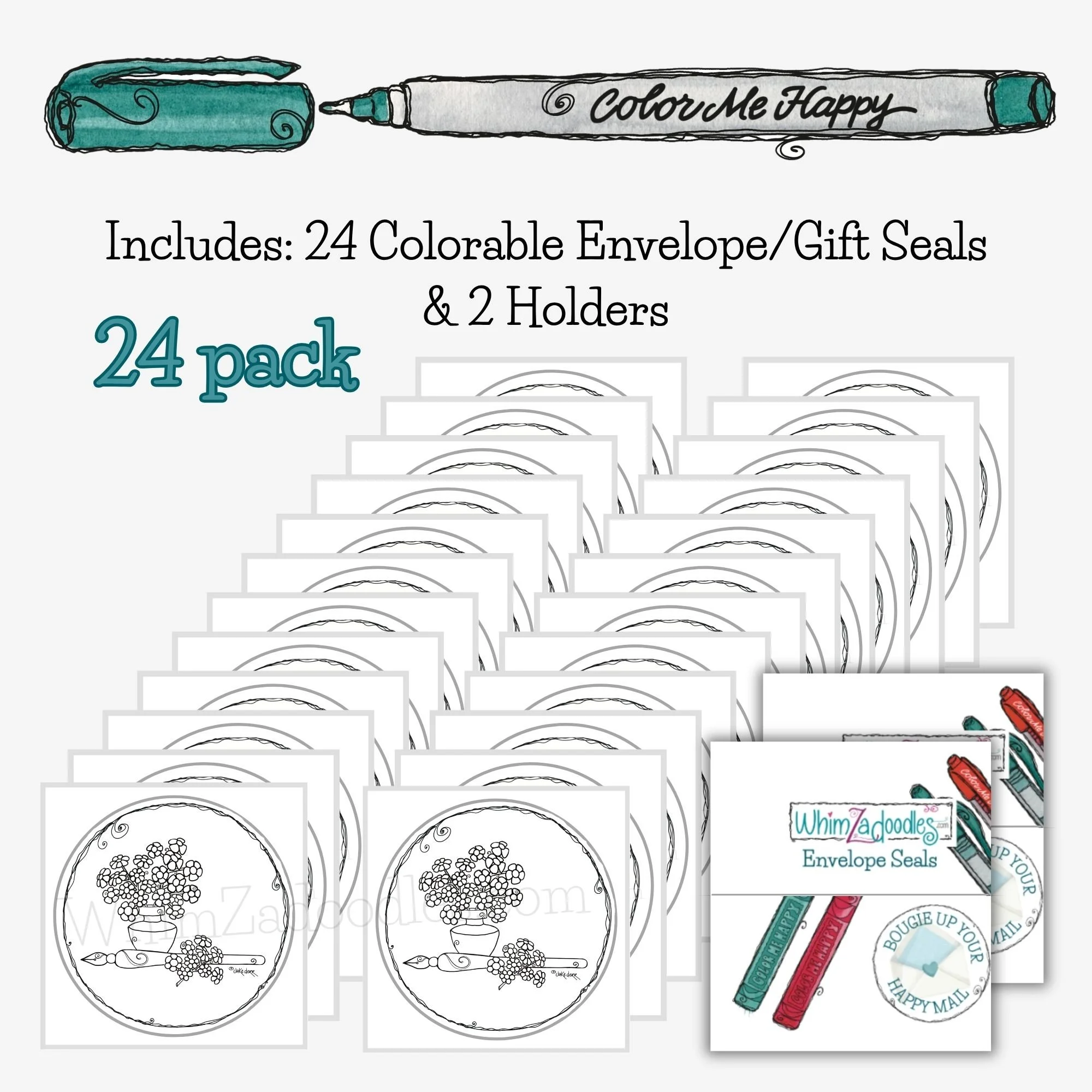large set of twenty four round coloring seals organized on backing card for gifting or bulk use