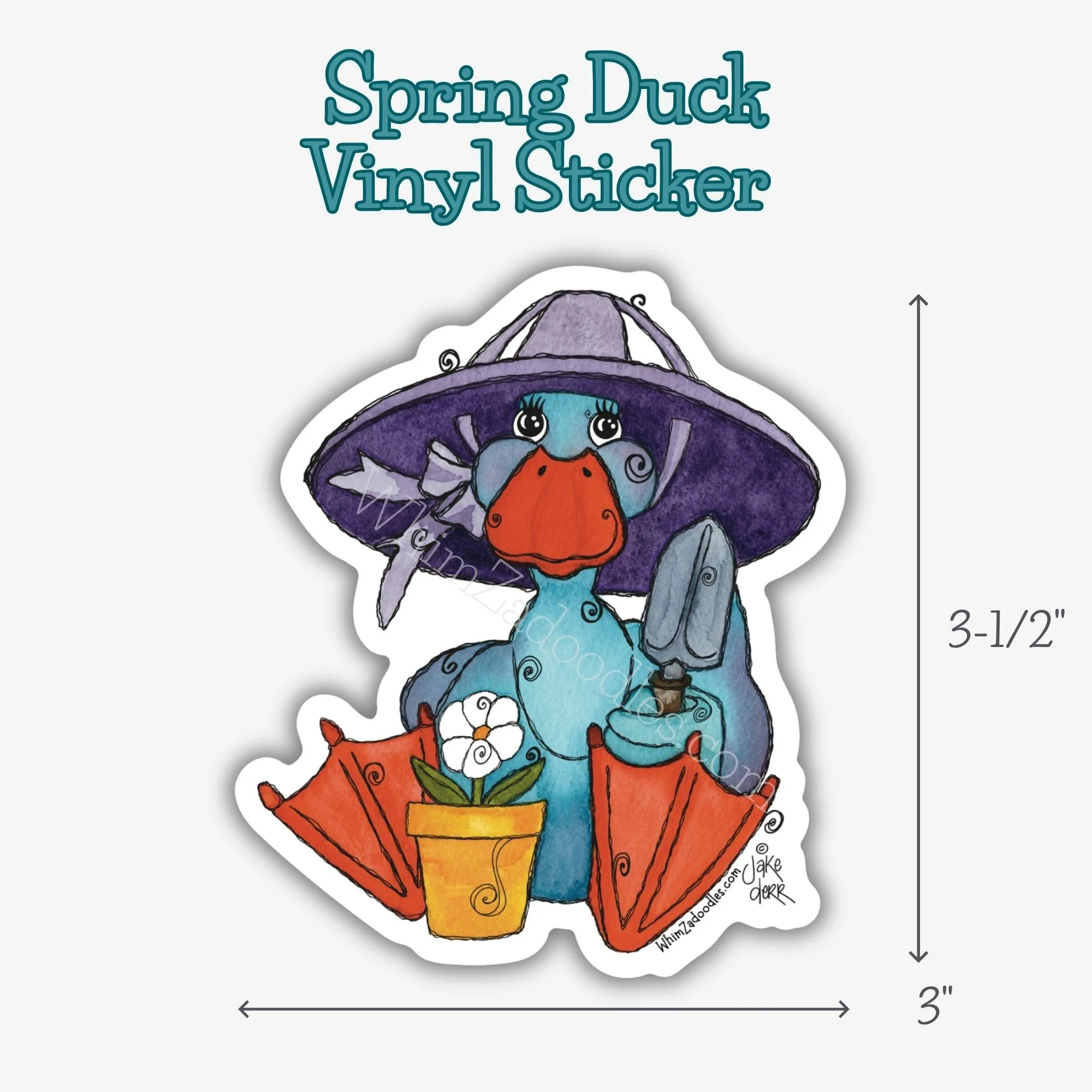 Adorable teal duck with orange beak and feet wearing a purple sun hat and holding a small garden trowel, whimsical character sticker, measurement included