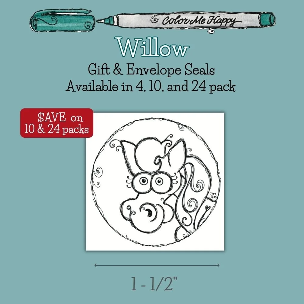 Matching Color Me Happy envelope and gift seal featuring Willow Flower horse line art to color for handmade cards and gifts.