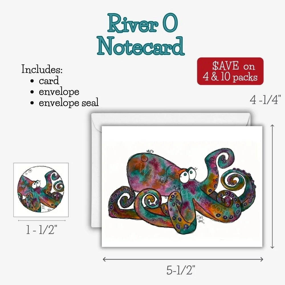 Watercolor River O octopus greeting card with whimsical doodles and blank interior for encouragement, friendship, or thoughtful messages.