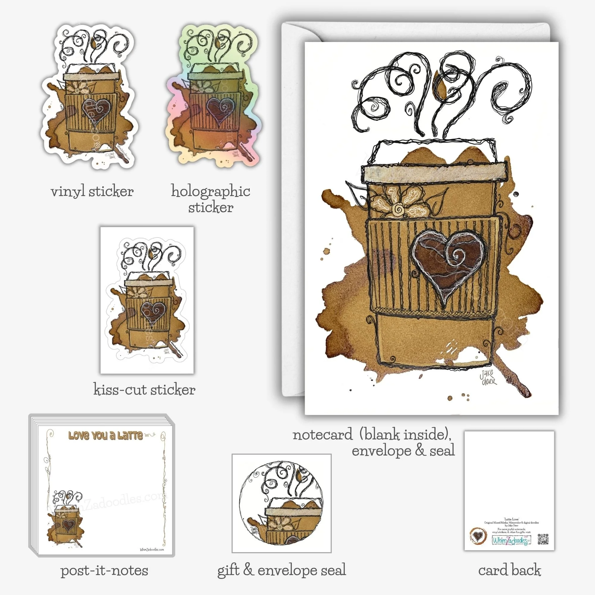Collection featuring A Latte Love artwork on greeting cards, waterproof stickers, Post-it Notes, and coordinating gift seals for thoughtful everyday encouragement.