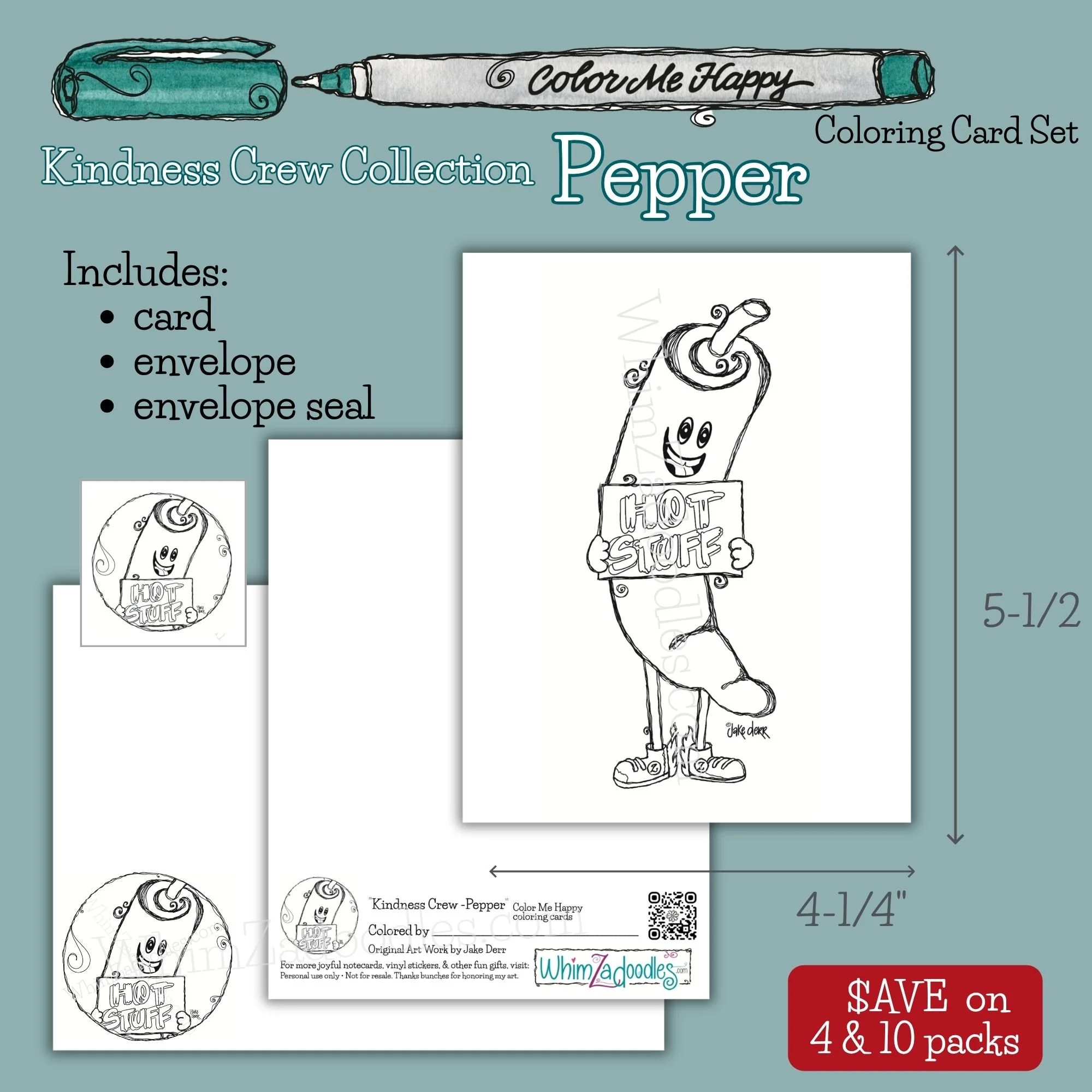 Color Me Happy coloring card set featuring Pepper the red chili pepper character holding a Hot Stuff sign with matching colorable envelope and seal.