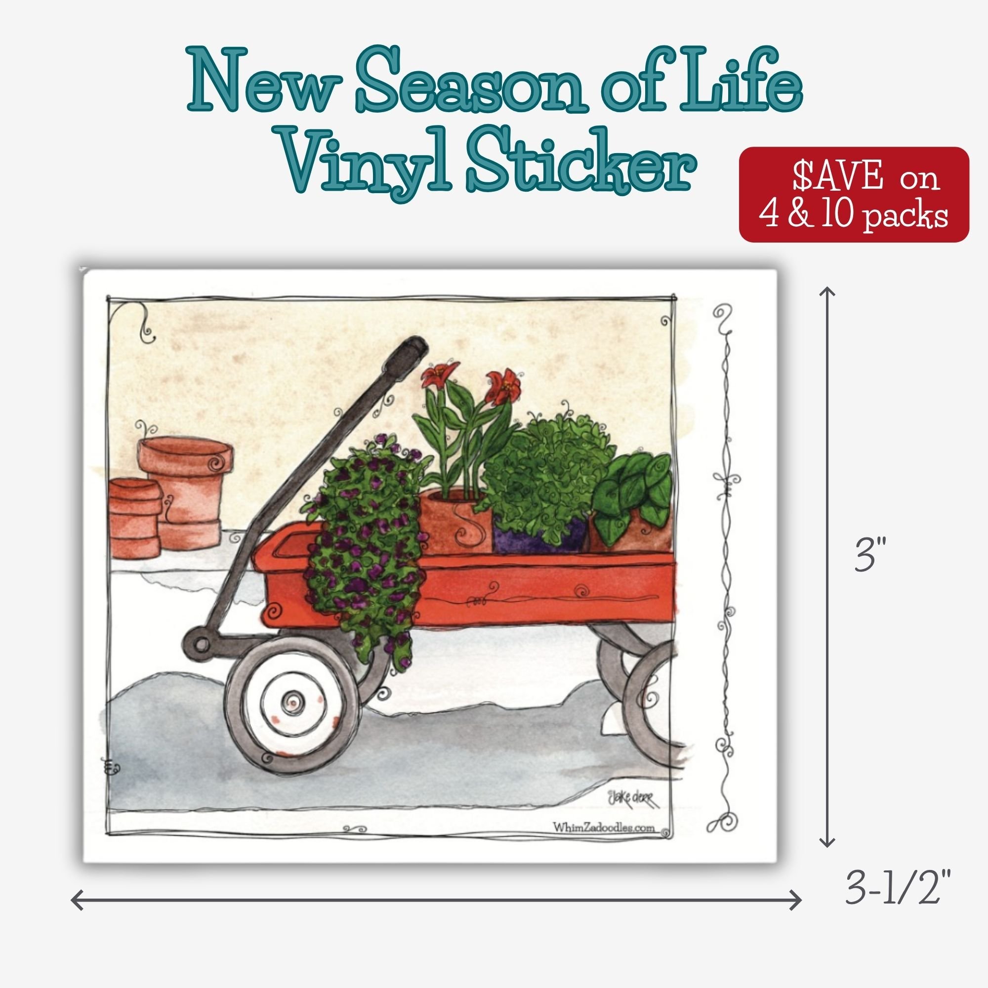 Durable vinyl sticker featuring a whimsical watercolor red wagon overflowing with flowers and plants, symbolizing growth, resilience, and fresh starts.