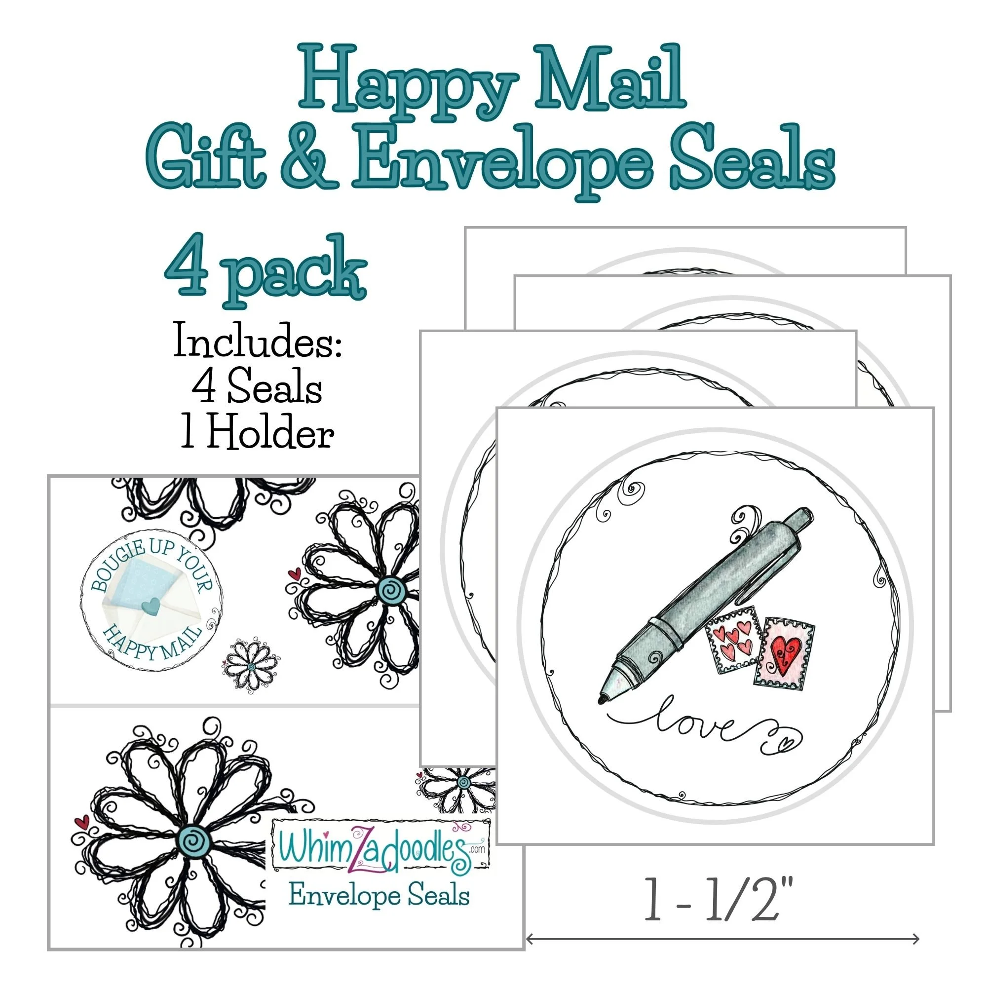 Set of four Happy Mail envelope seals with size reference, featuring fun lettering and decorative details for mail and gifts