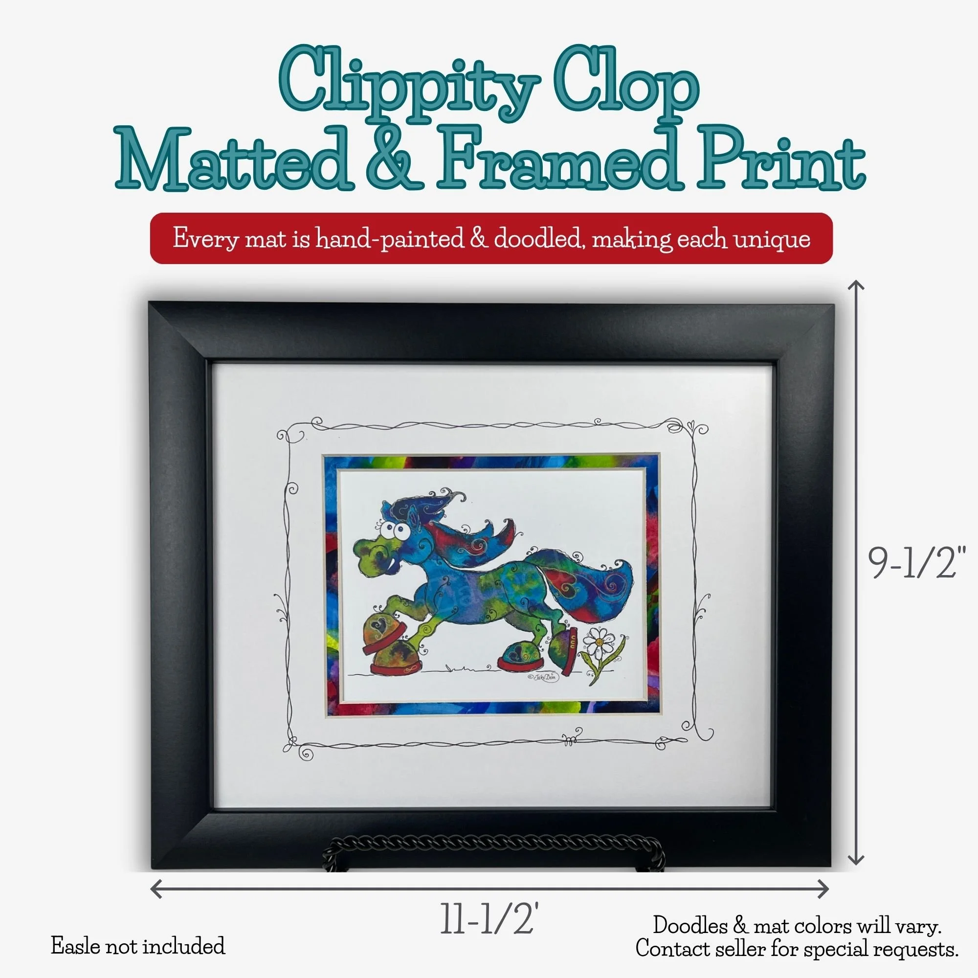 Framed and matted Clippity Clop horse art with dimensions, colorful hand-painted mat and decorative hand-doodled lines and swirls.