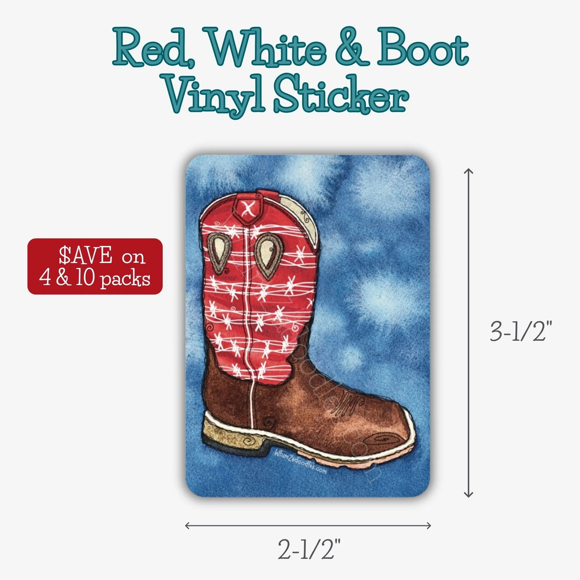 Rectangular vinyl sticker featuring a whimsical watercolor western boot with doodled details, red upper accents, and a textured blue background.