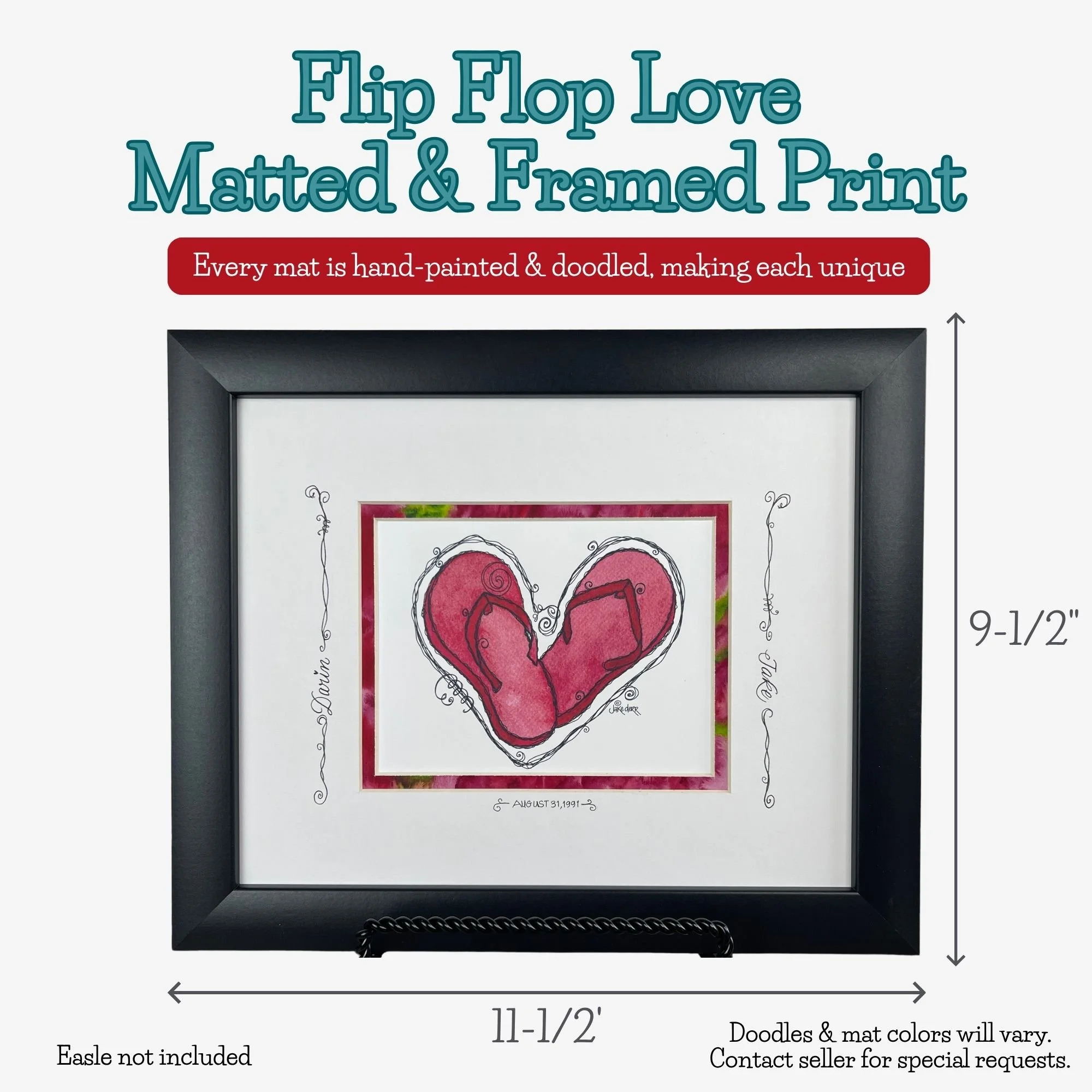Horizontal Flip Flop Love framed watercolor art with dimensions, featuring heart-shaped sandals and a colorful hand-painted doodled mat.