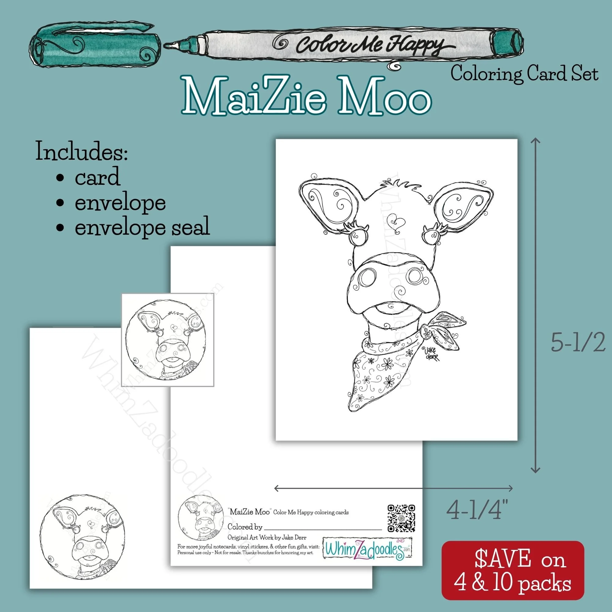 Color Me Happy MaiZie Moo card set featuring an adorable calf illustration to color, plus a matching envelope and coordinating envelope seal.