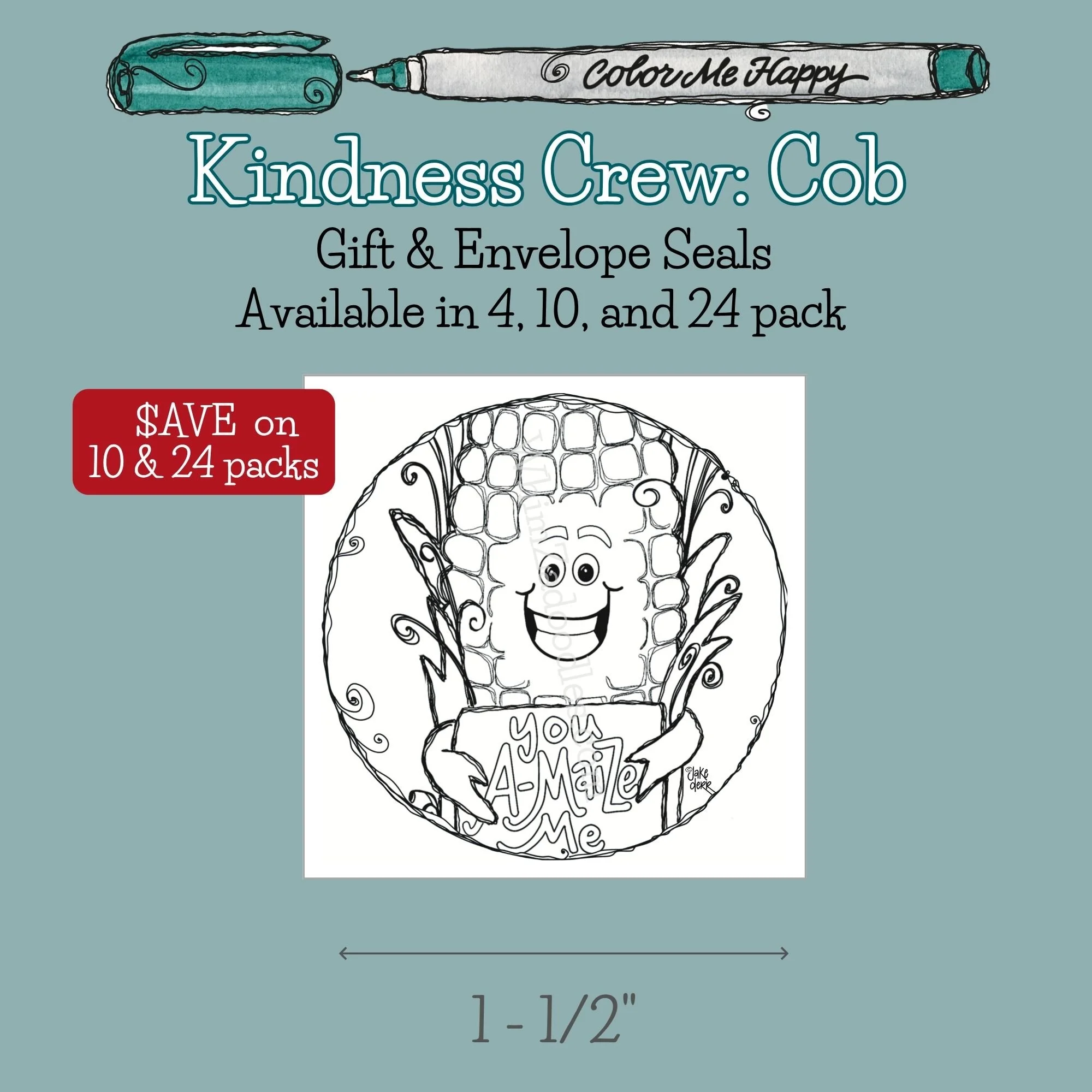 Colorable envelope and gift seal featuring Cob the corn from the Kindness Crew Color Me Happy collection.