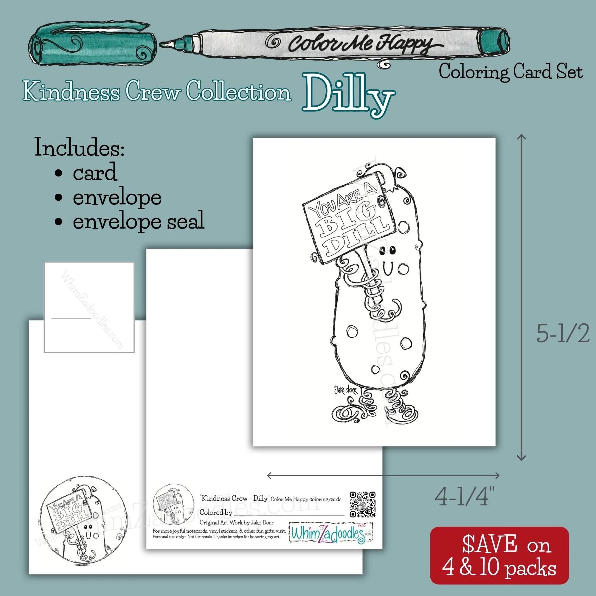 Color Me Happy coloring card set featuring Dilly the cucumber holding a Grow Kindness sign with matching colorable envelope and seal.