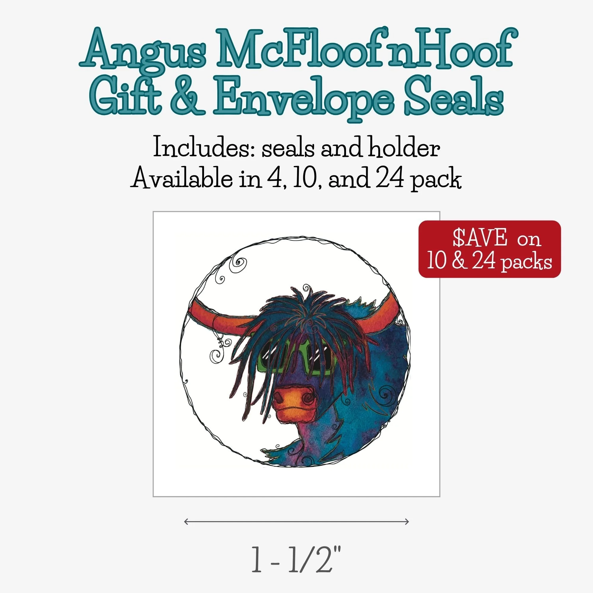 Decorative Angus McFloof’nHoof envelope and gift seals featuring colorful whimsical Highland cow watercolor artwork.