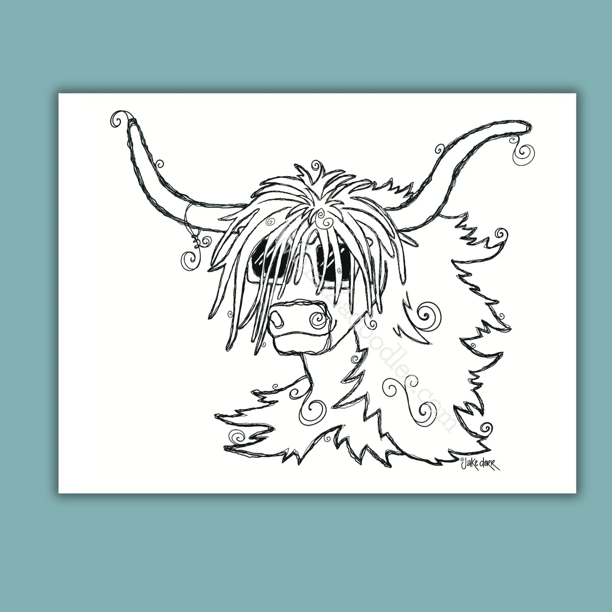 Color Me Happy coloring card set featuring a whimsical Highland cow with shaggy fur, sunglasses, and playful doodle details ready to color.