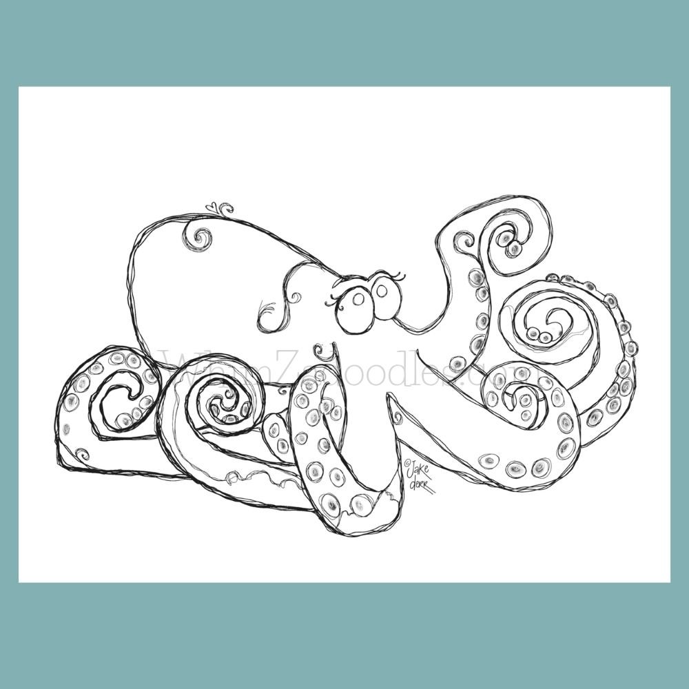 Color Me Happy River O octopus coloring card featuring whimsical ocean-inspired line art ready for coloring, personalization, and creative gifting.