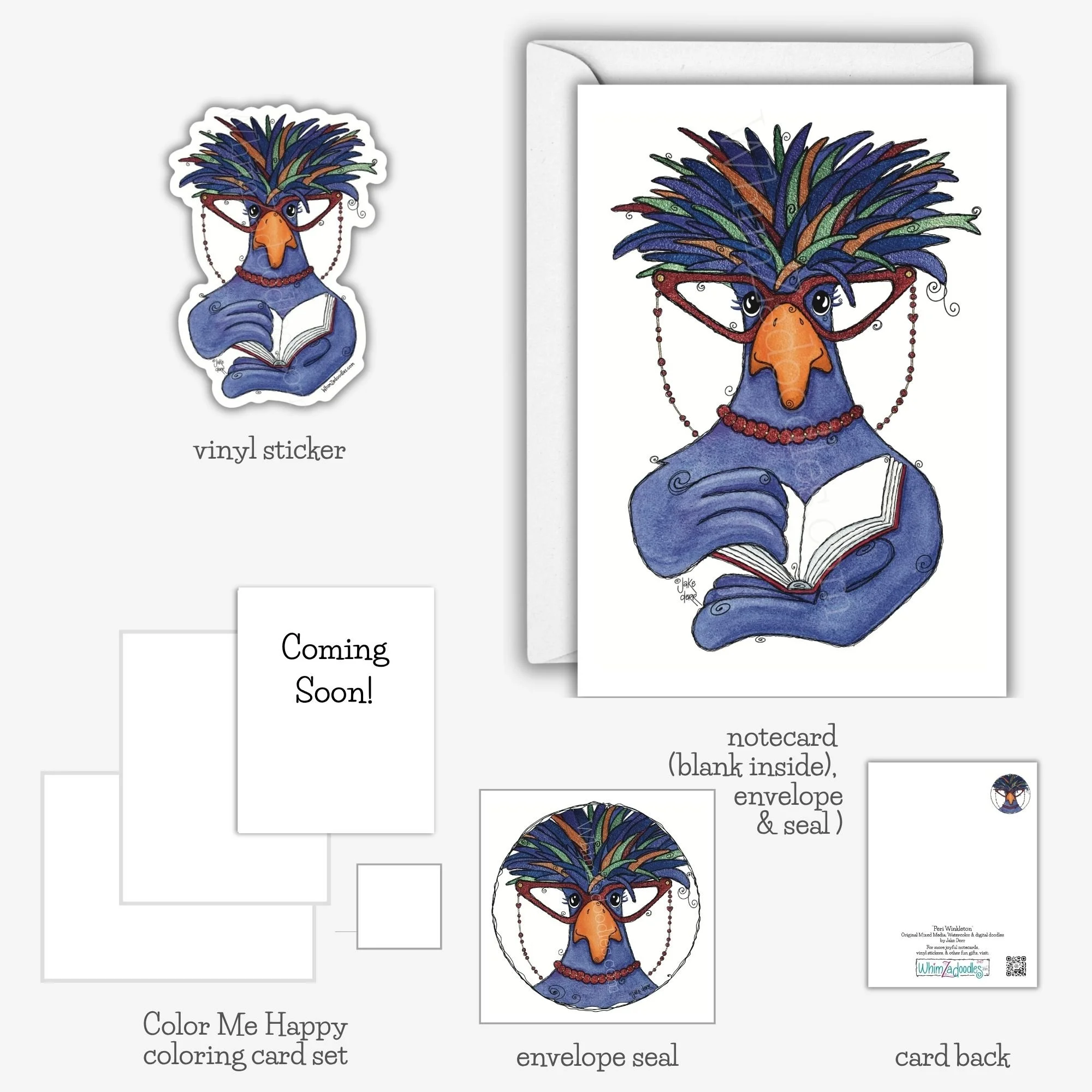 Whimsical Peri Winkleton watercolor collection featuring a Polish crested chicken with red glasses available as notecards, stickers, coloring cards, and envelope seals.