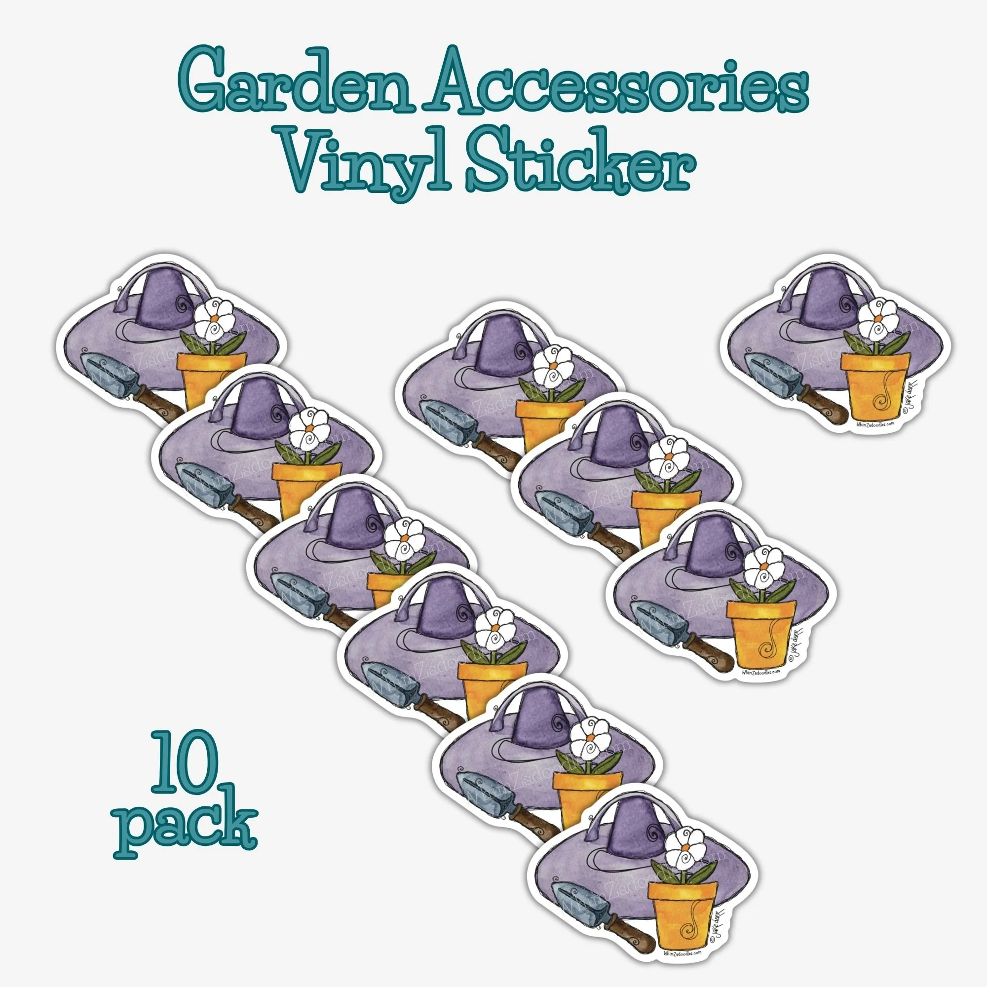 Ten-pack of garden accessory stickers featuring purple hat, hand trowel, and potted daisy illustration