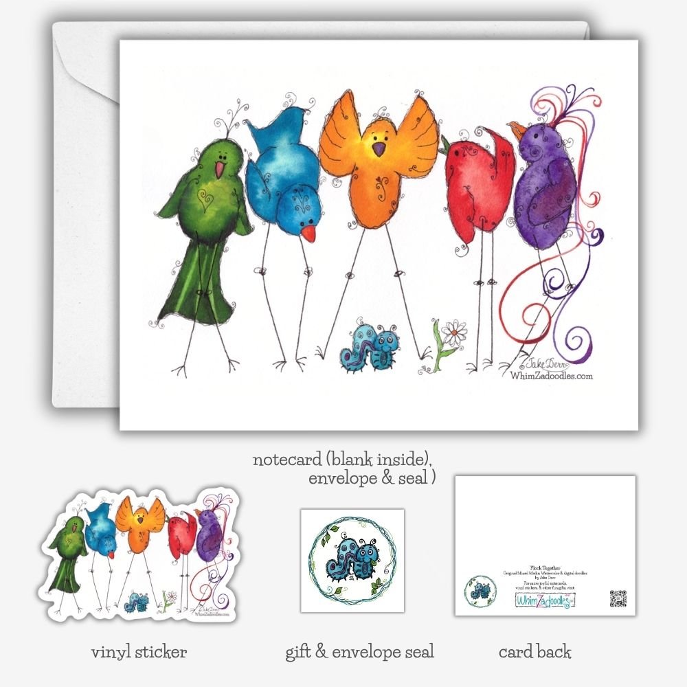 Flock Together watercolor collection featuring whimsical bird artwork on notecards, vinyl stickers, and matching envelope and gift seals.
