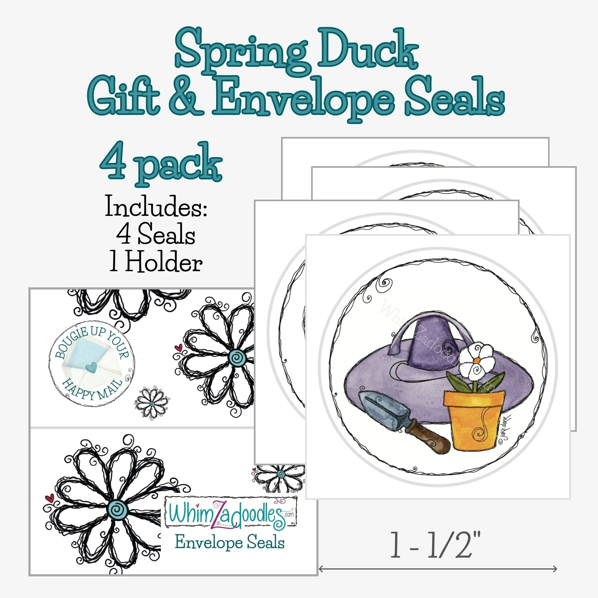 Four-pack of round seals featuring purple gardening hat, potted daisy, and trowel watercolor illustration