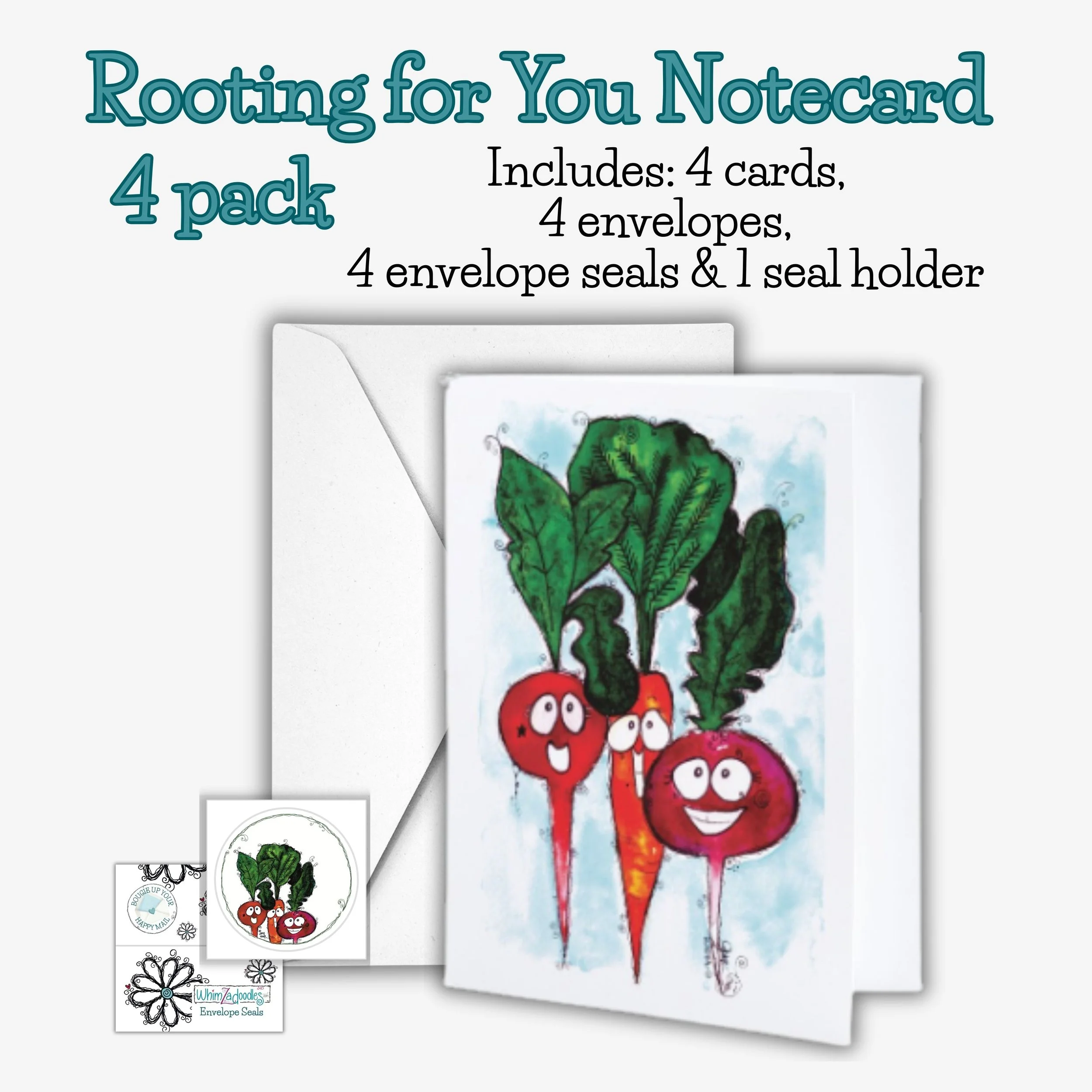Set of 4 Rooting for You notecards with envelopes and seals. Ideal for thoughtful notes, small meaningful gifts, and staying connected in a personal way.