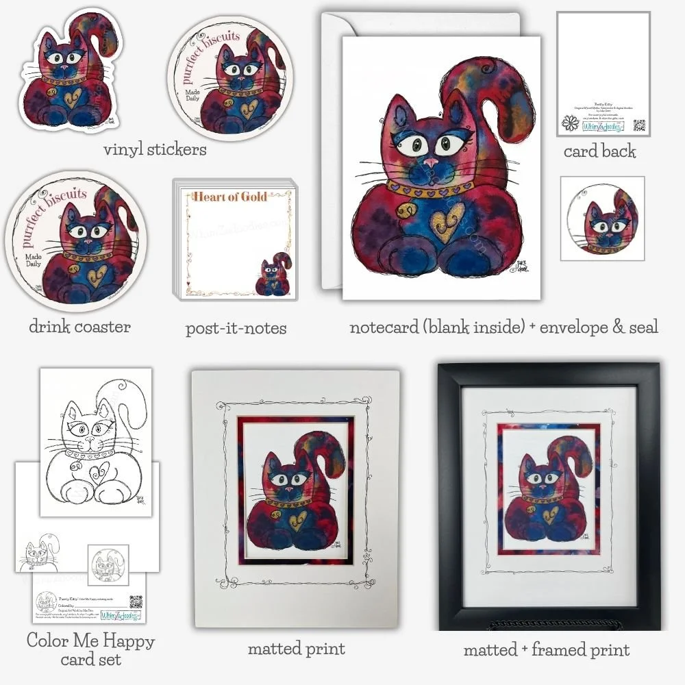 Pretty Kitty collection featuring watercolor cat matted & framed prints, notecards, stickers, drink coasters, envelope seals – all colorful gift ideas.