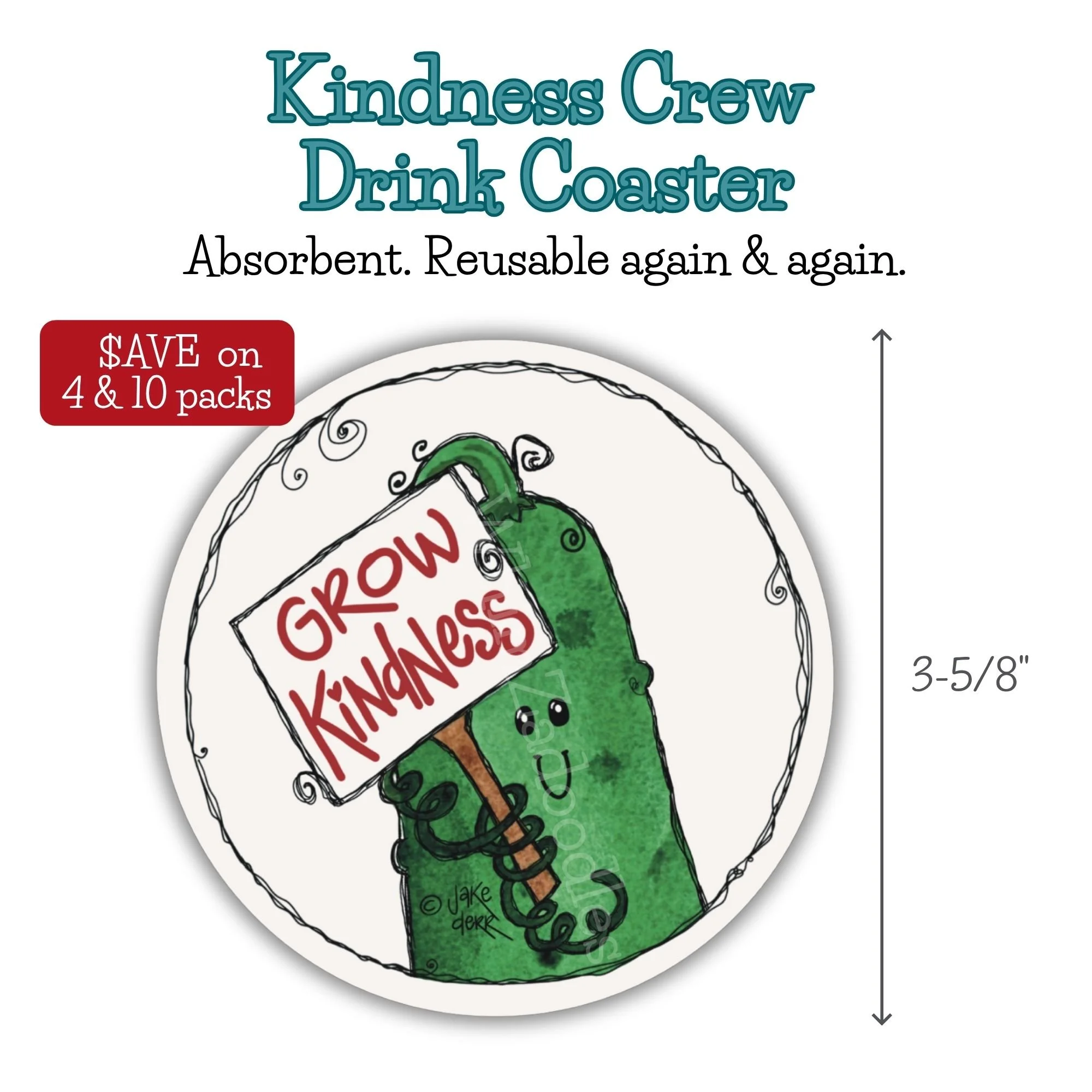 Grow Kindness drink coaster featuring Dilly the cucumber with size and product details displayed for easy reference.