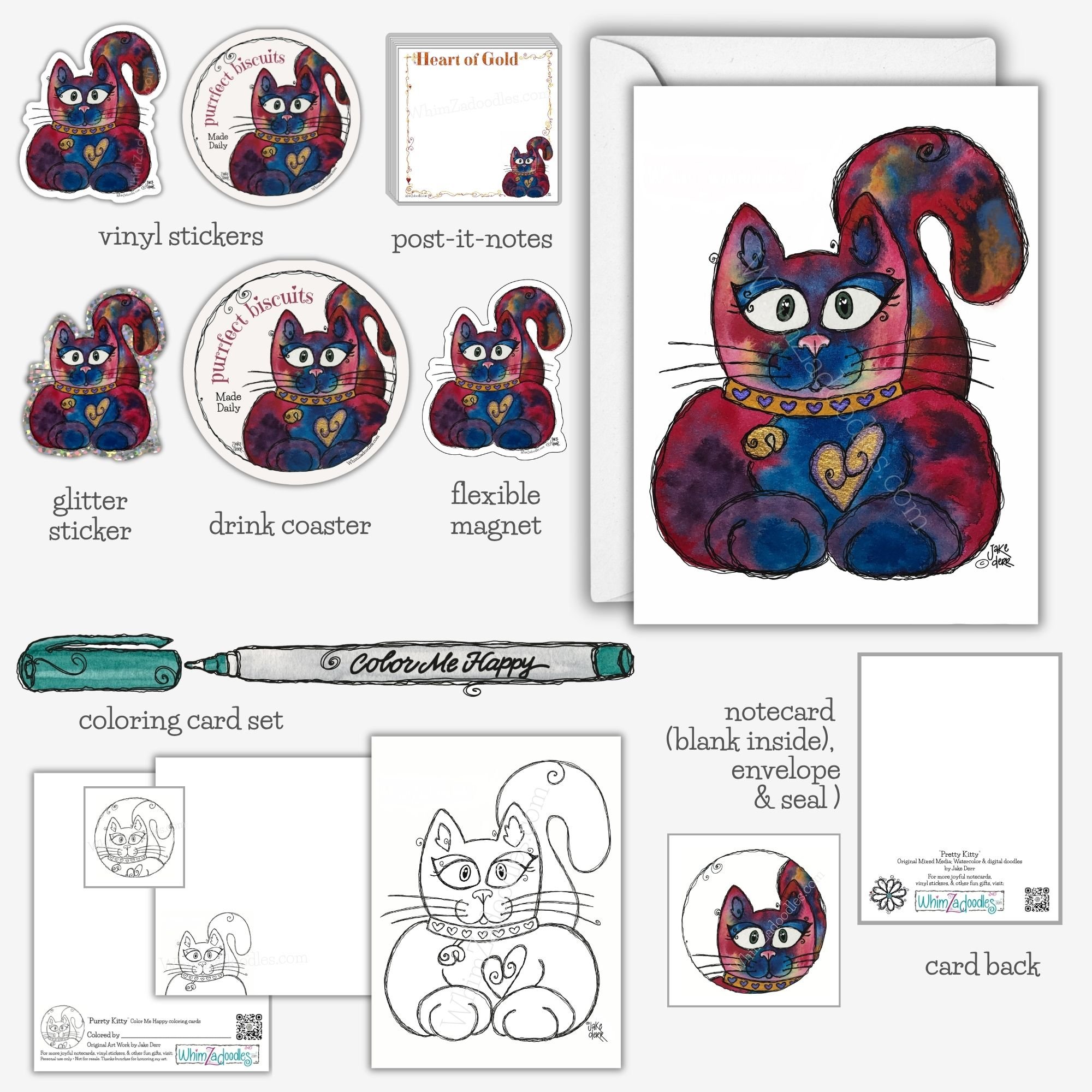 Pretty Kitty collection featuring watercolor cat notecards, stickers, glitter stickers, magnets, drink coasters, envelope seals, and colorful gift ideas.