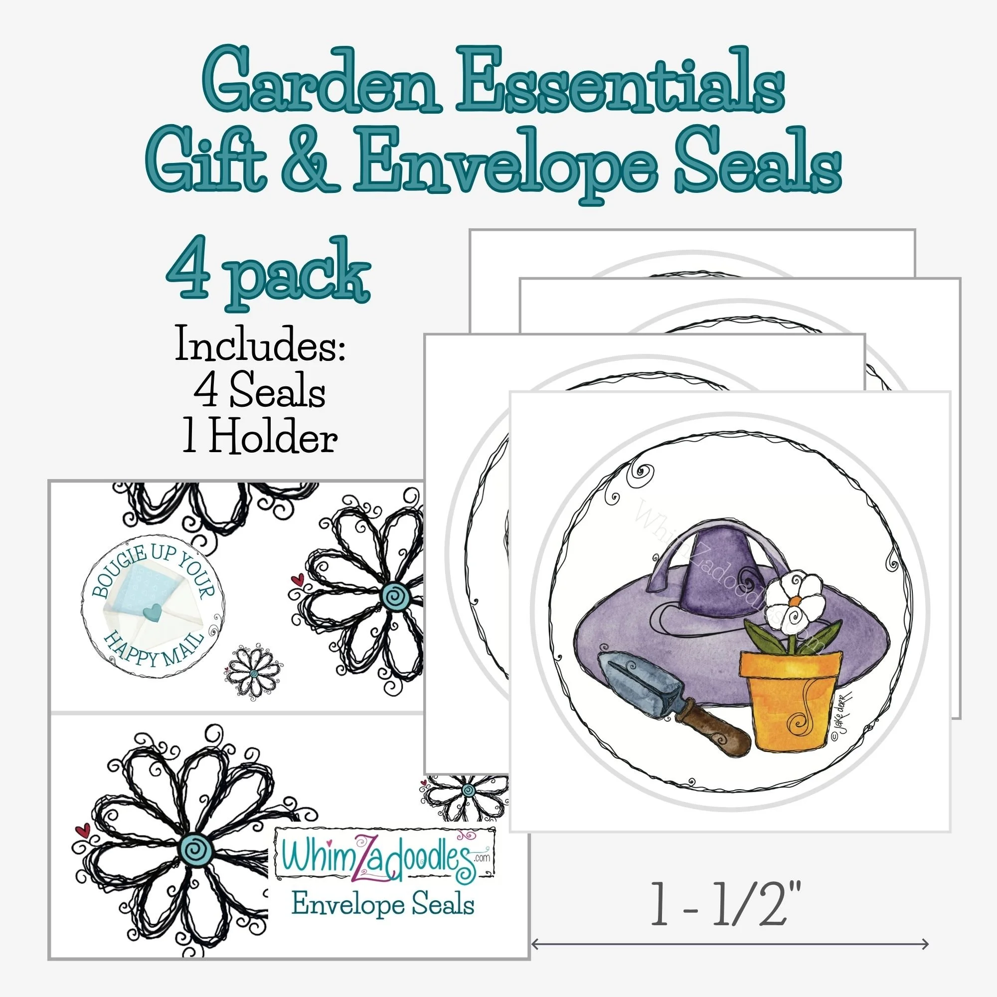 Four Garden Essentials envelope seals with size reference, featuring gardening tools, purple hat, and potted flower for mail and gift use