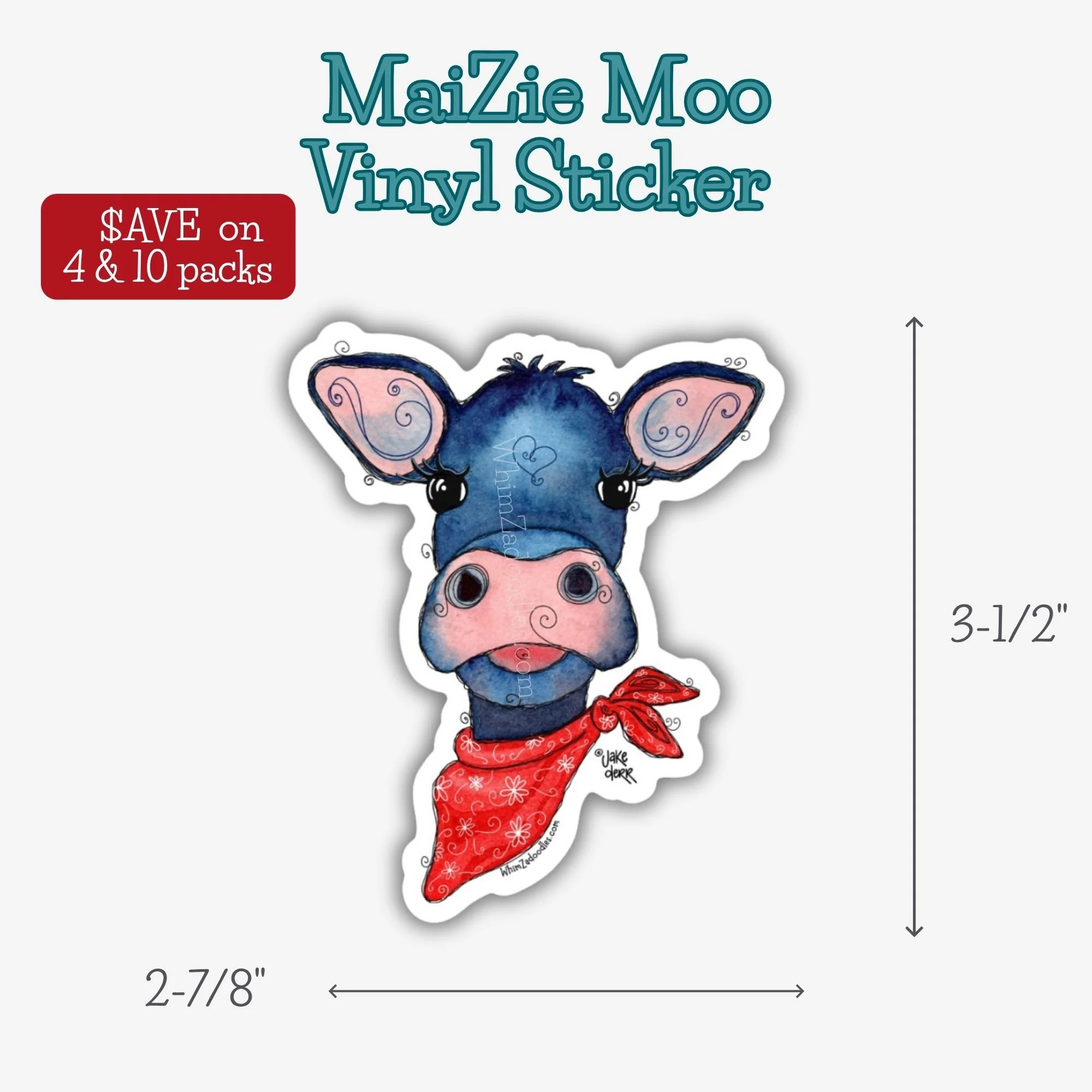 Durable waterproof vinyl sticker featuring MaiZie Moo, a whimsical blue watercolor calf with pink snout and red floral bandana.