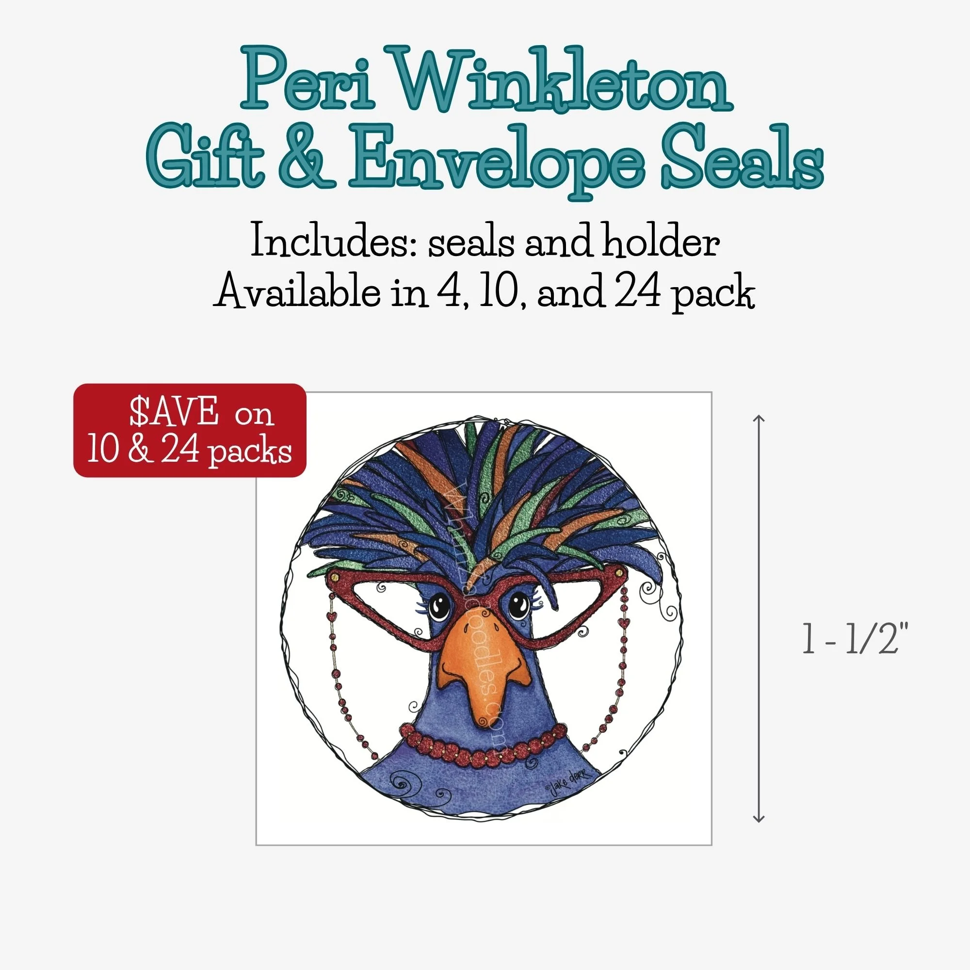 Round envelope and gift seals featuring Peri Winkleton, a colorful Polish crested chicken with red glasses and whimsical feather details.