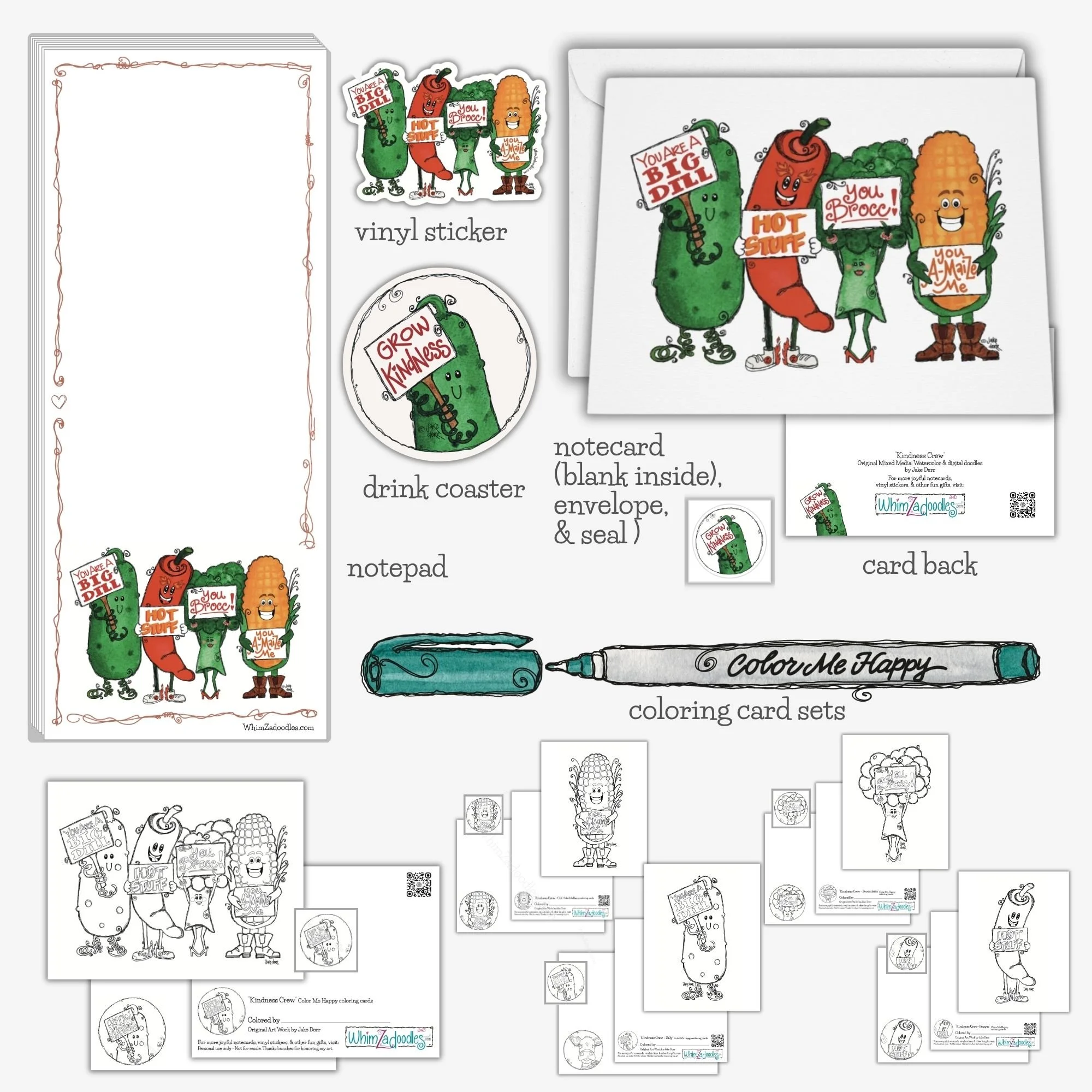 WhimZadoodles Kindness Crew collection featuring uplifting vegetable characters on cards, stickers, gifts, coloring cards, and stationery.