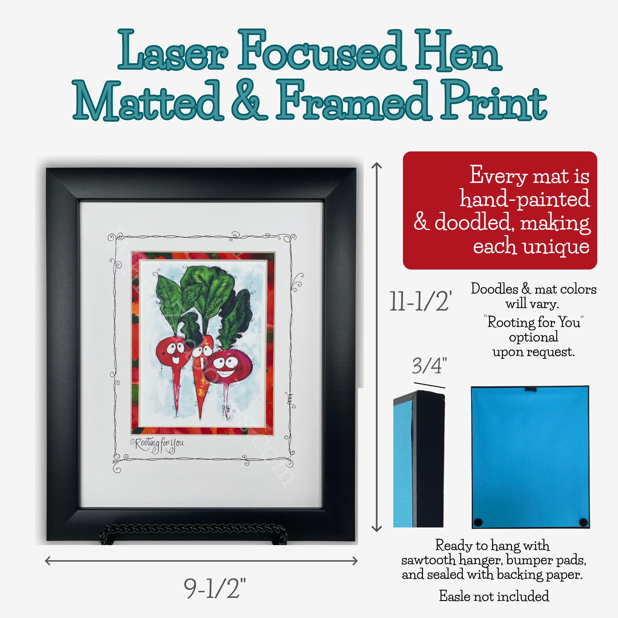 Rooting for You framed watercolor art with dimensions, featuring three colorful root vegetables, hand-painted mat and doodled details.