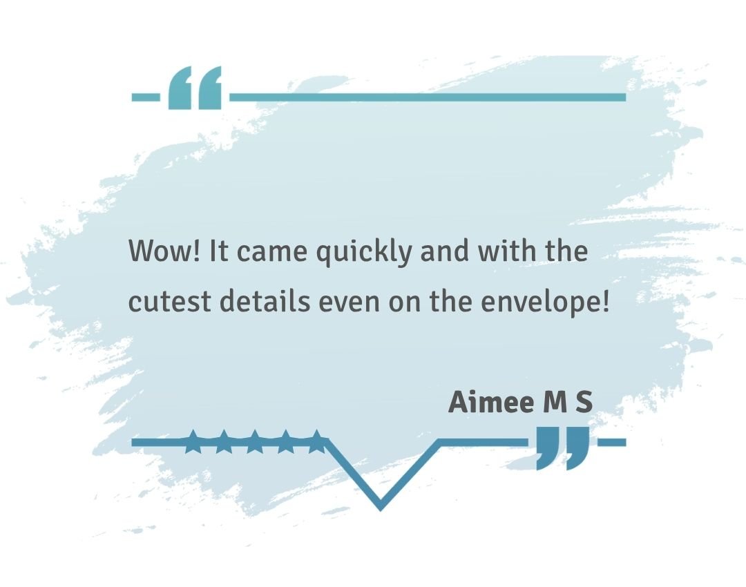 Five-star review highlighting quick delivery and charming details, including a decorated envelope and thoughtful packaging
